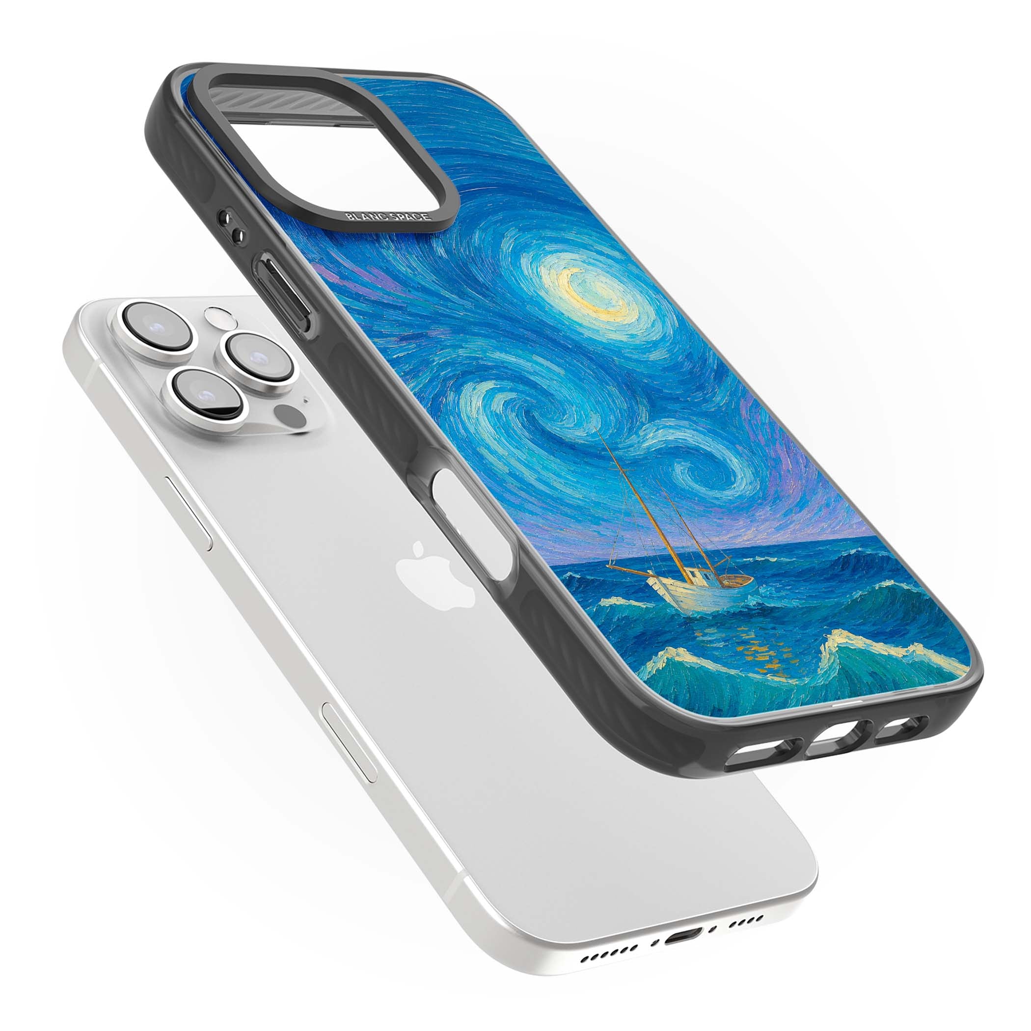 Moonlit Tide Van Gogh art iPhone case featuring swirling starry night sky, glowing moon and lone sailing boat at sea | Black Impact case for iPhone 16 Pro, iPhone 16 Pro Max