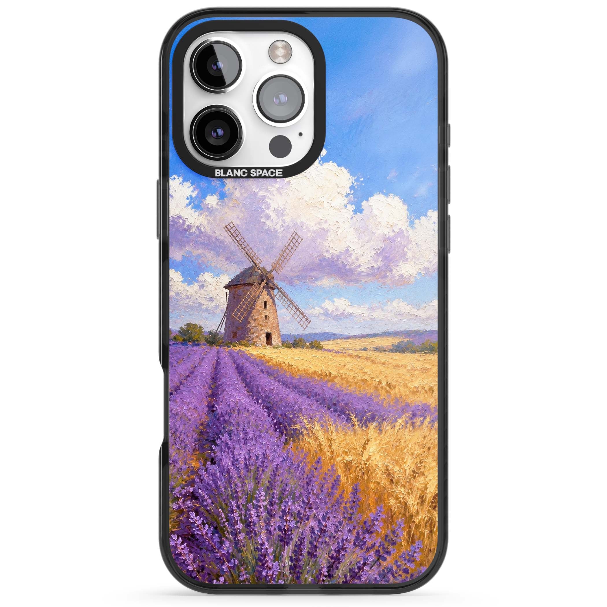 Lavender Mill cottagecore iPhone case featuring a French windmill, lavender field and golden wheat oil painting | Black Impact case for iPhone 16 Pro, iPhone 16 Pro Max