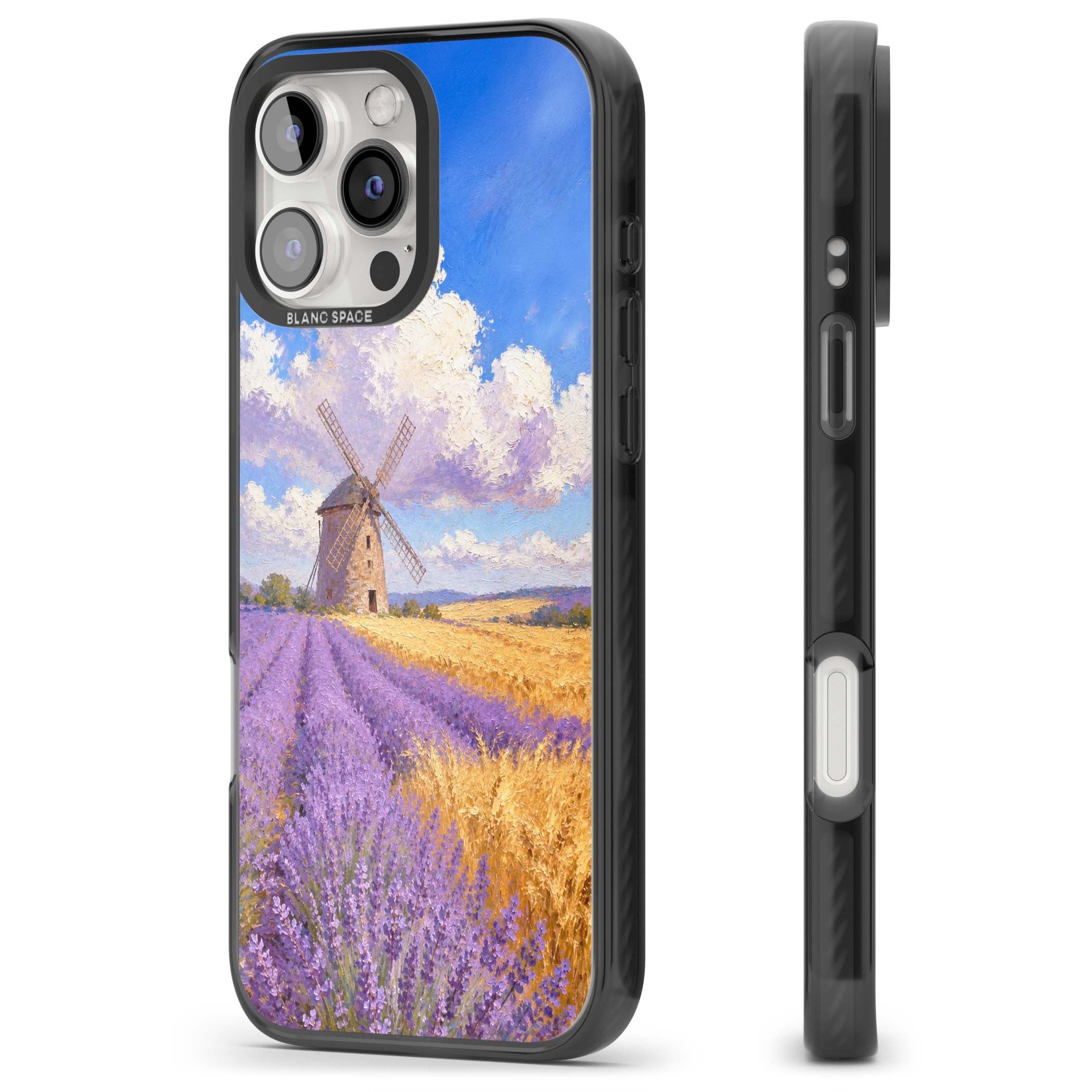 Lavender Mill cottagecore iPhone case featuring a French windmill, lavender field and golden wheat oil painting | Black Impact case for iPhone 16 Pro, iPhone 16 Pro Max