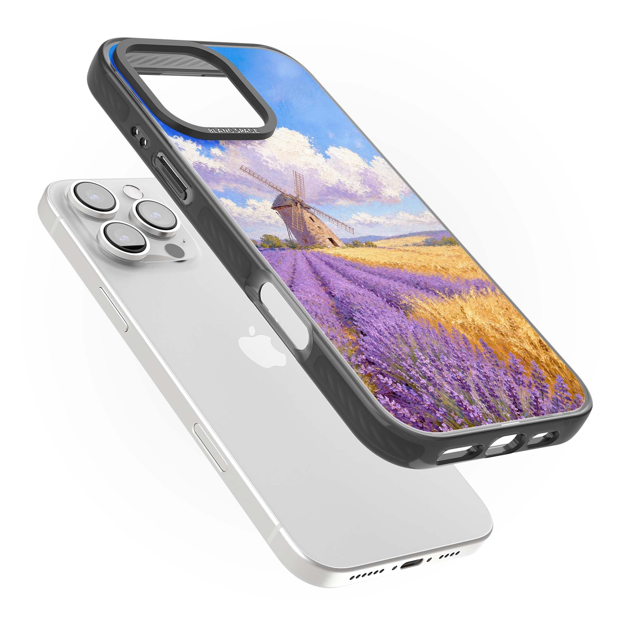 Lavender Mill cottagecore iPhone case featuring a French windmill, lavender field and golden wheat oil painting | Black Impact case for iPhone 16 Pro, iPhone 16 Pro Max