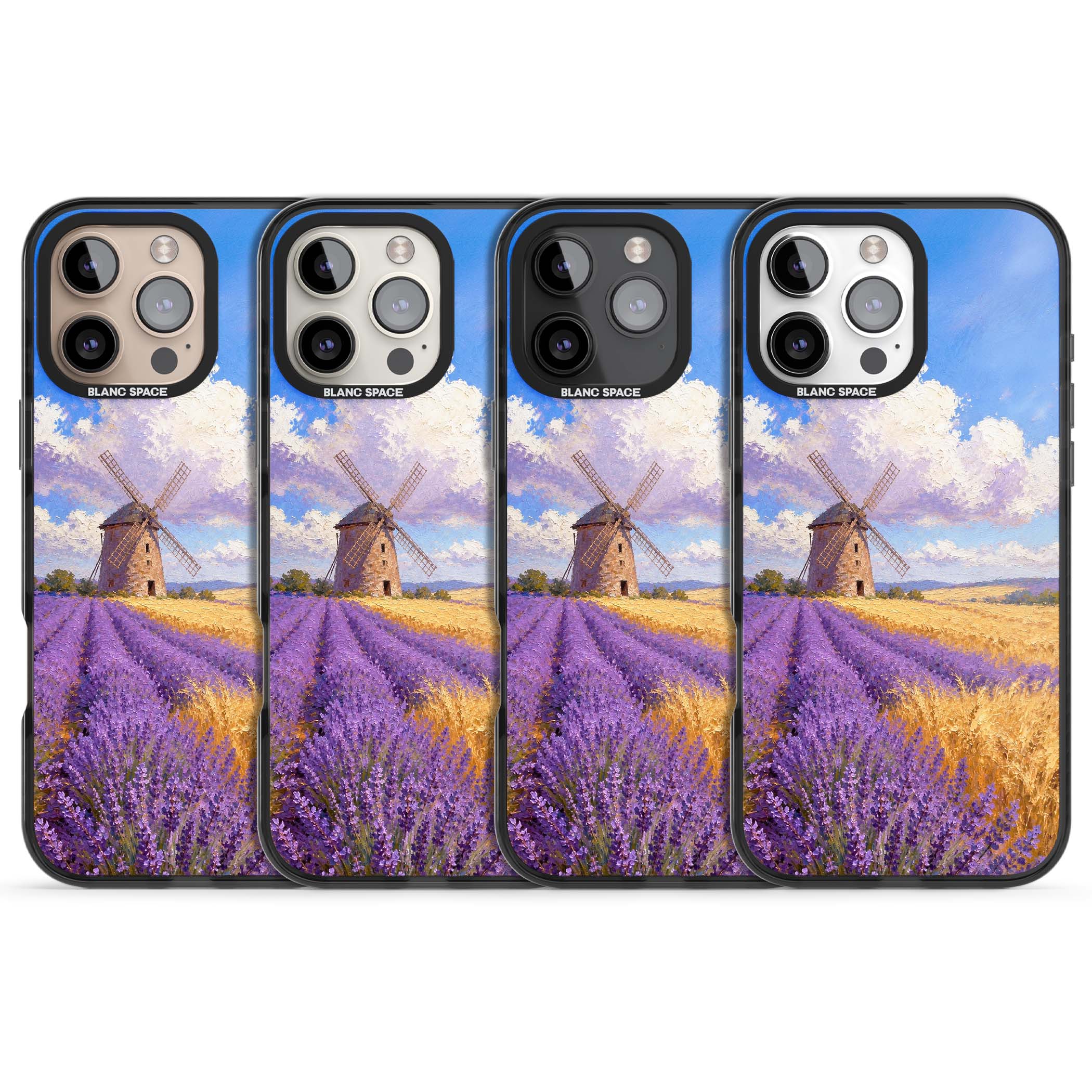 Lavender Mill cottagecore iPhone case featuring a French windmill, lavender field and golden wheat oil painting | Black Impact case for iPhone 16 Pro, iPhone 16 Pro Max