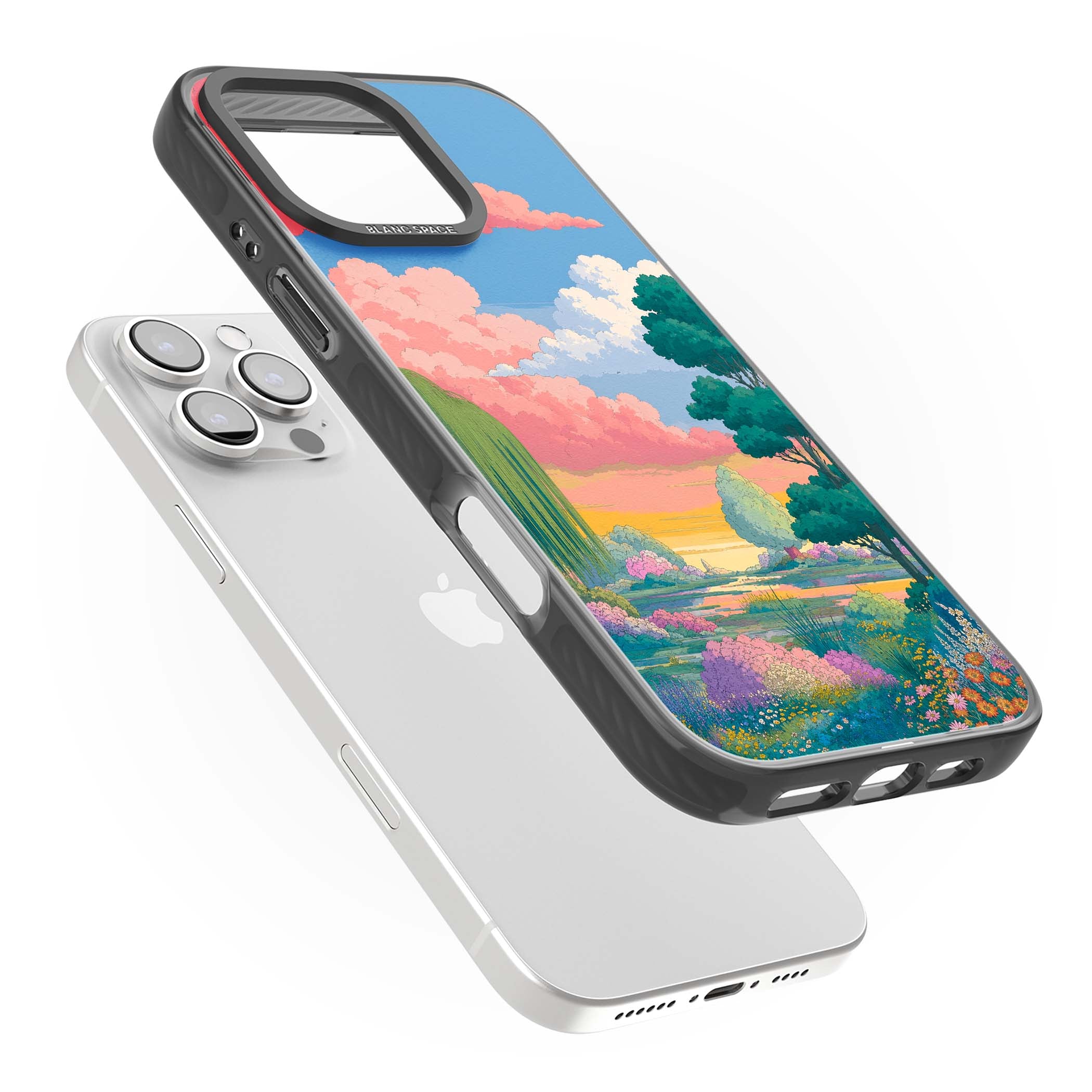 Dream Valley anime landscape iPhone case featuring pink sunset clouds, willow trees and wildflowers | Black Impact case for iPhone 16 Pro, iPhone 16 Pro Max