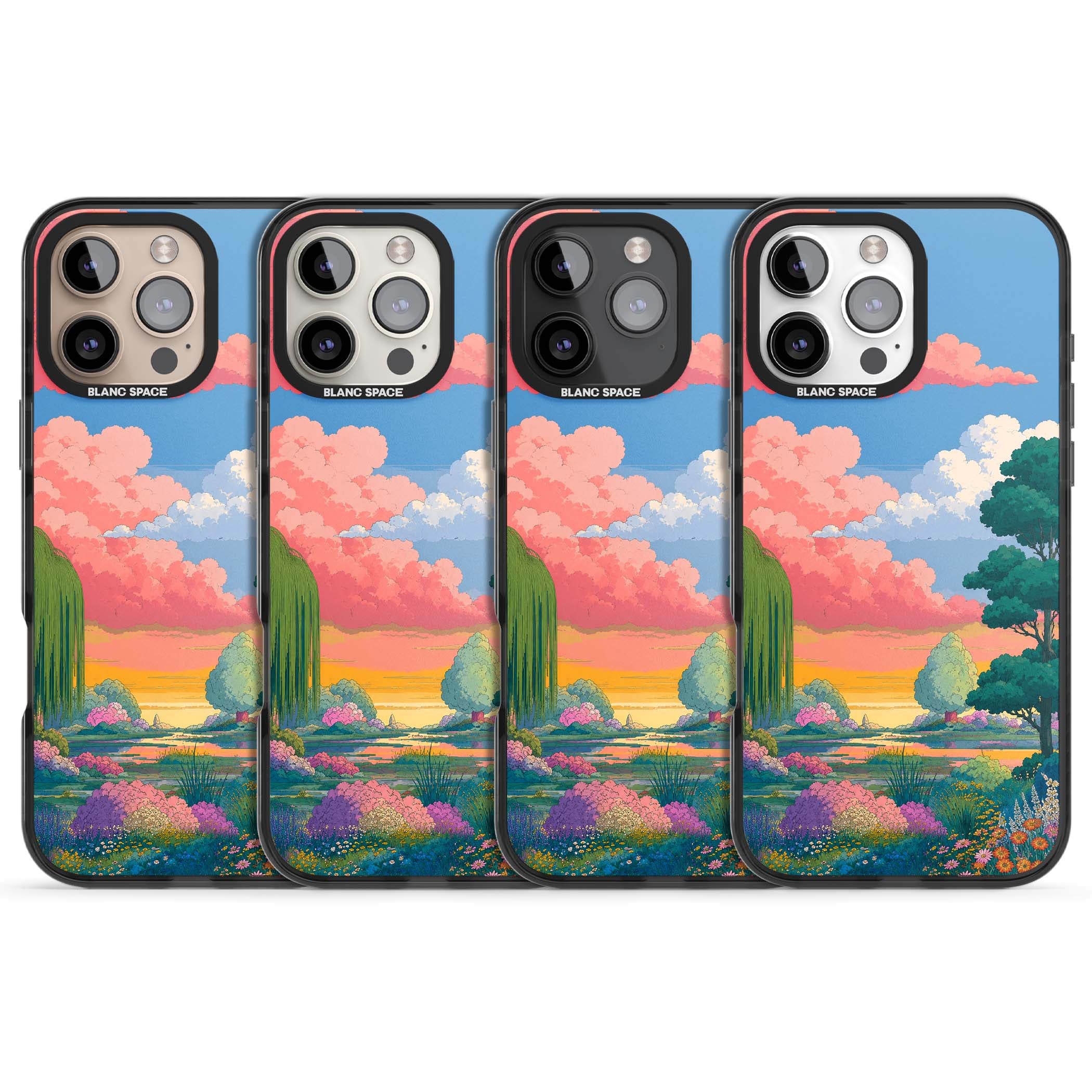 Dream Valley anime landscape iPhone case featuring pink sunset clouds, willow trees and wildflowers | Black Impact case for iPhone 16 Pro, iPhone 16 Pro Max