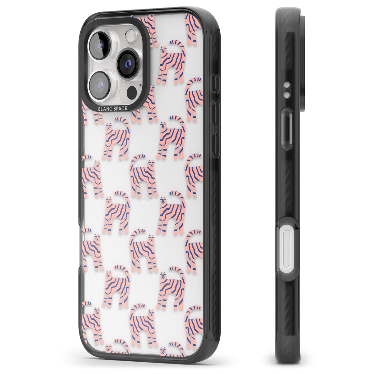 iPhone 16 Pro Max Pink and Blue Cat Pattern Black Impact Phone Case