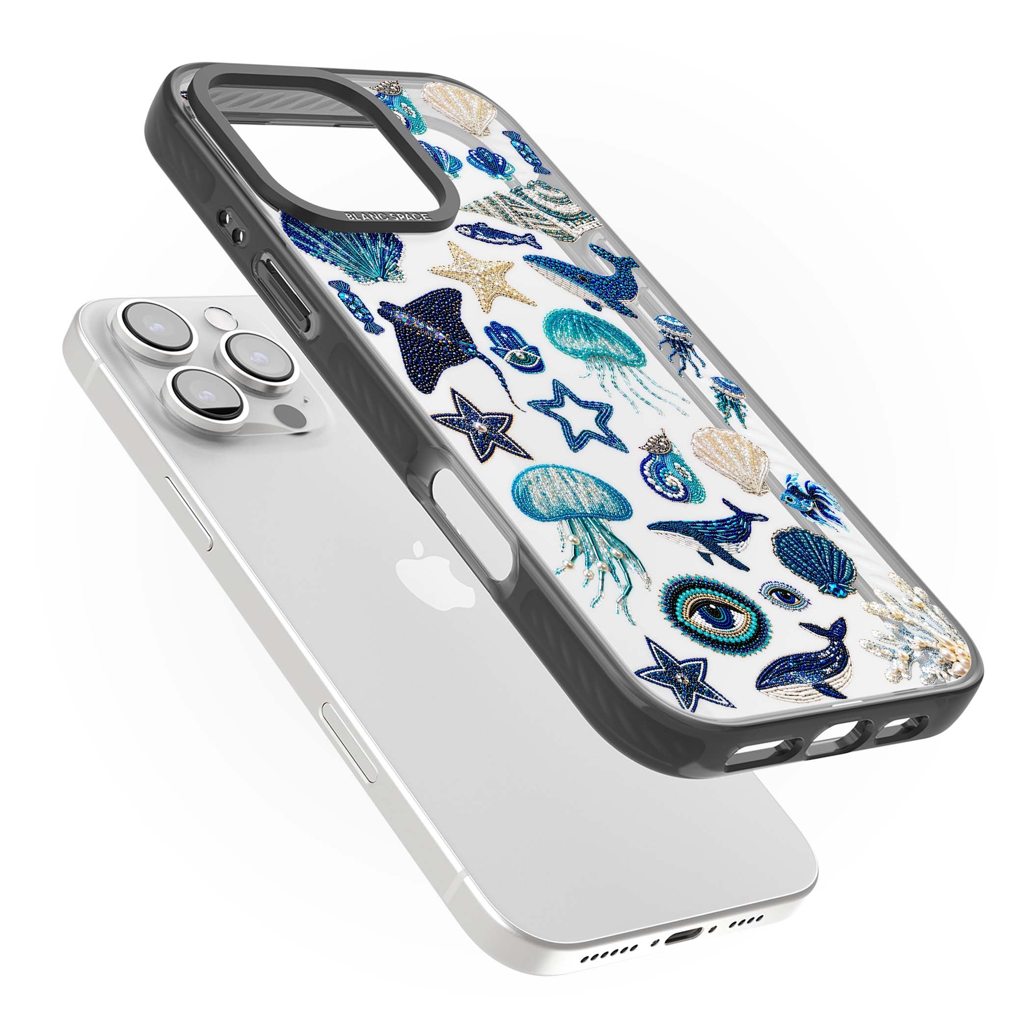 Beaded Coastal coastal iPhone case featuring embroidered seashells, jellyfish and a blue whale on clear | Black Impact case for iPhone 16 Pro, iPhone 16 Pro Max