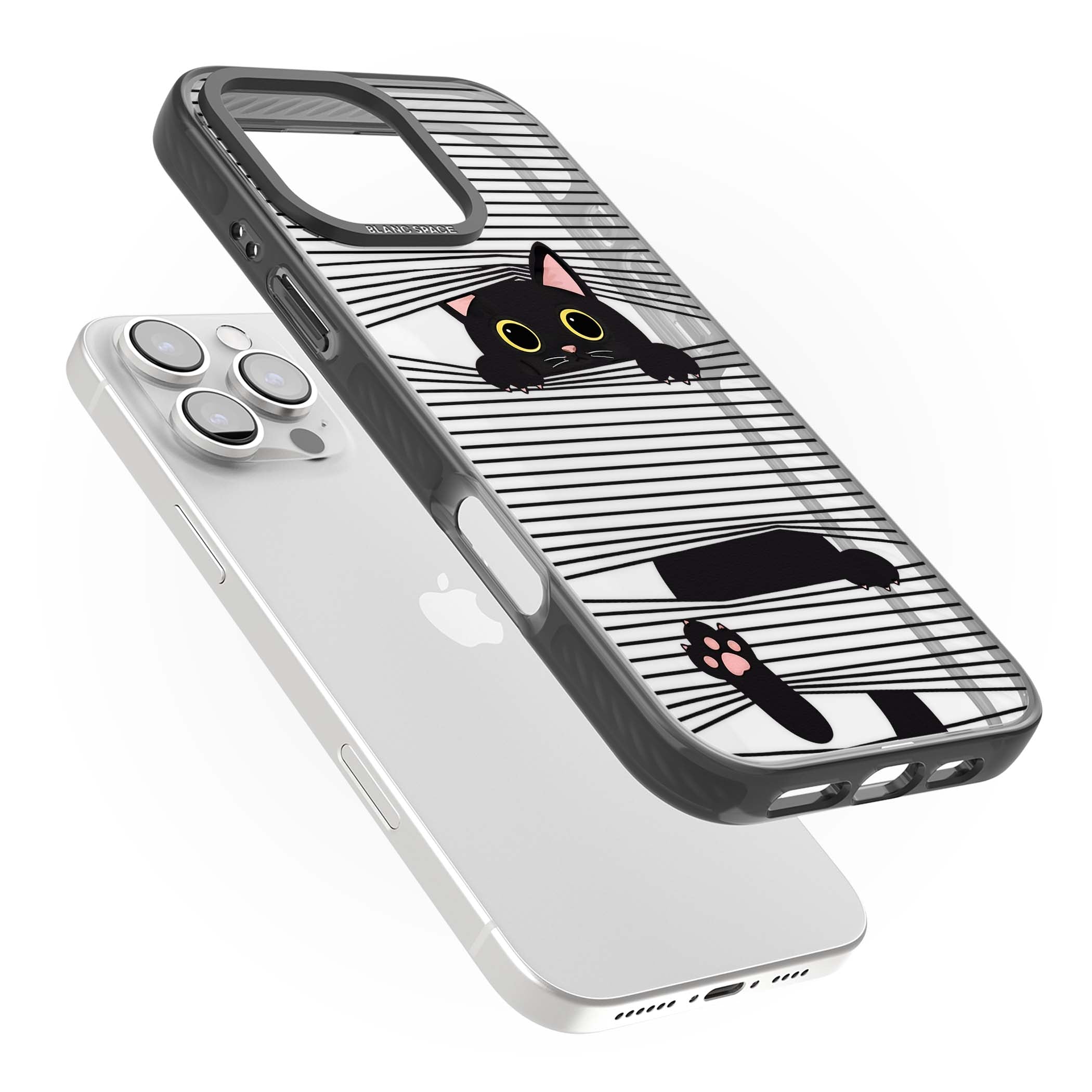 Peek-a-Boo Cat minimal iPhone case featuring black cat peeking through horizontal black and white stripes | Black Impact case for iPhone 16 Pro, iPhone 16 Pro Max