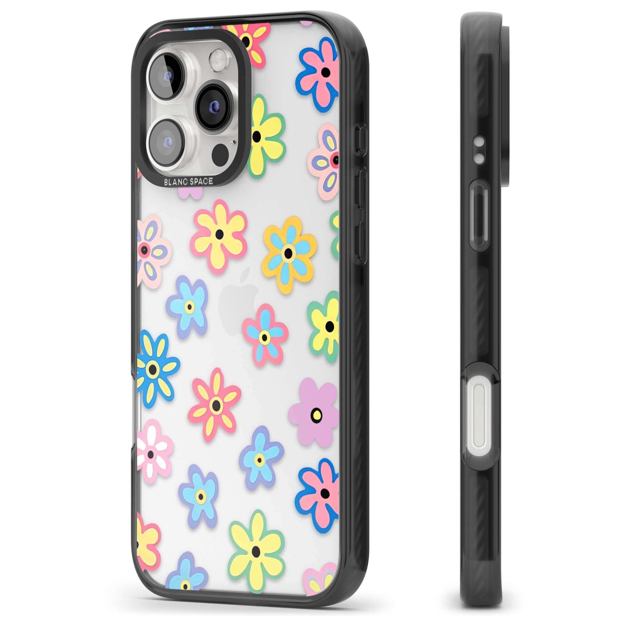 Bloom Pop cottagecore iPhone case featuring multicolor pastel flowers with black centers on clear background | Black Impact case for iPhone 16 Pro, iPhone 16 Pro Max