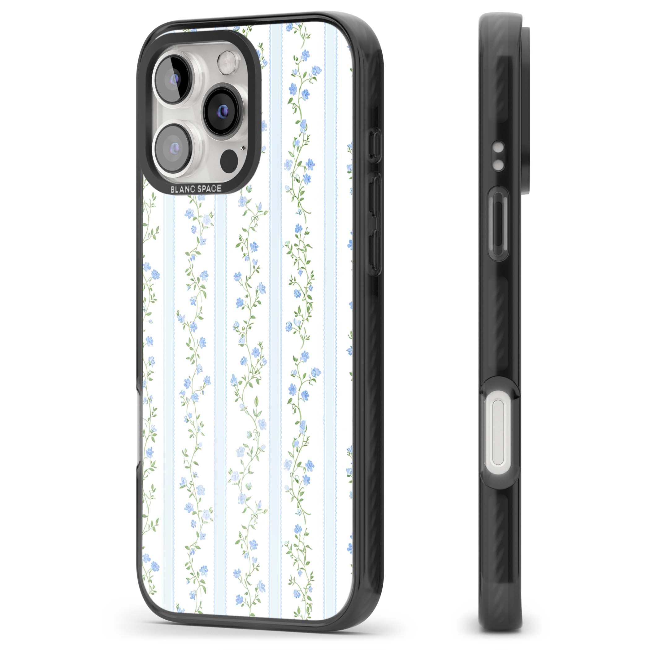 Bluebell Vine cottagecore iPhone case featuring climbing blue roses, trailing green vines, and pale ticking stripes | Black Impact case for iPhone 16 Pro, iPhone 16 Pro Max