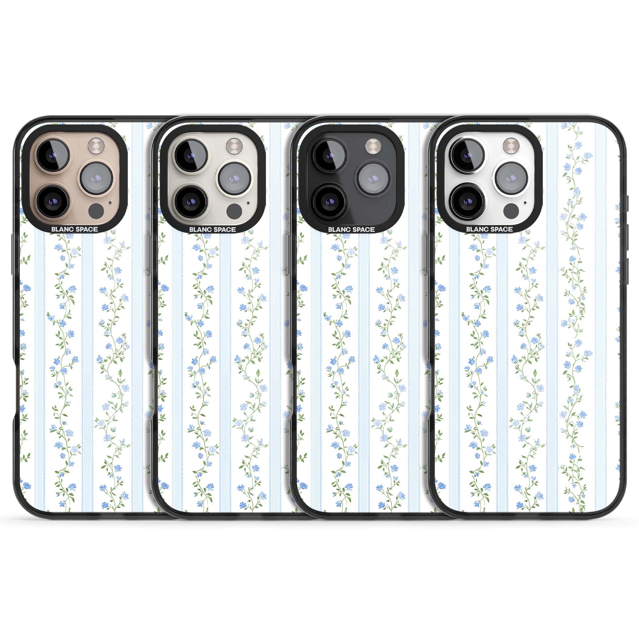 Bluebell Vine cottagecore iPhone case featuring climbing blue roses, trailing green vines, and pale ticking stripes | Black Impact case for iPhone 16 Pro, iPhone 16 Pro Max