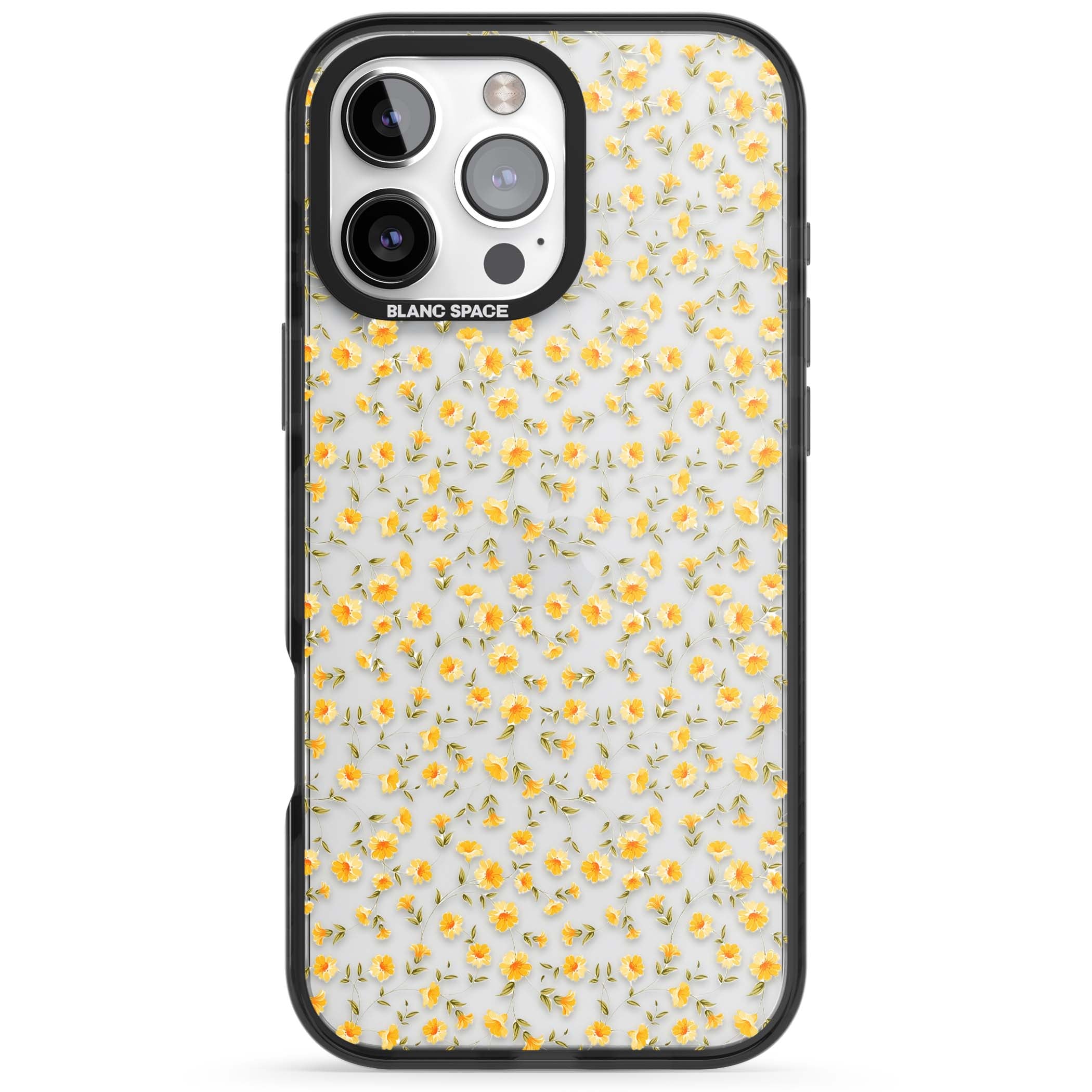 Buttercup wildflower iPhone case featuring tiny yellow flowers and trailing green vines on clear | Black Impact case for iPhone 16 Pro, iPhone 16 Pro Max