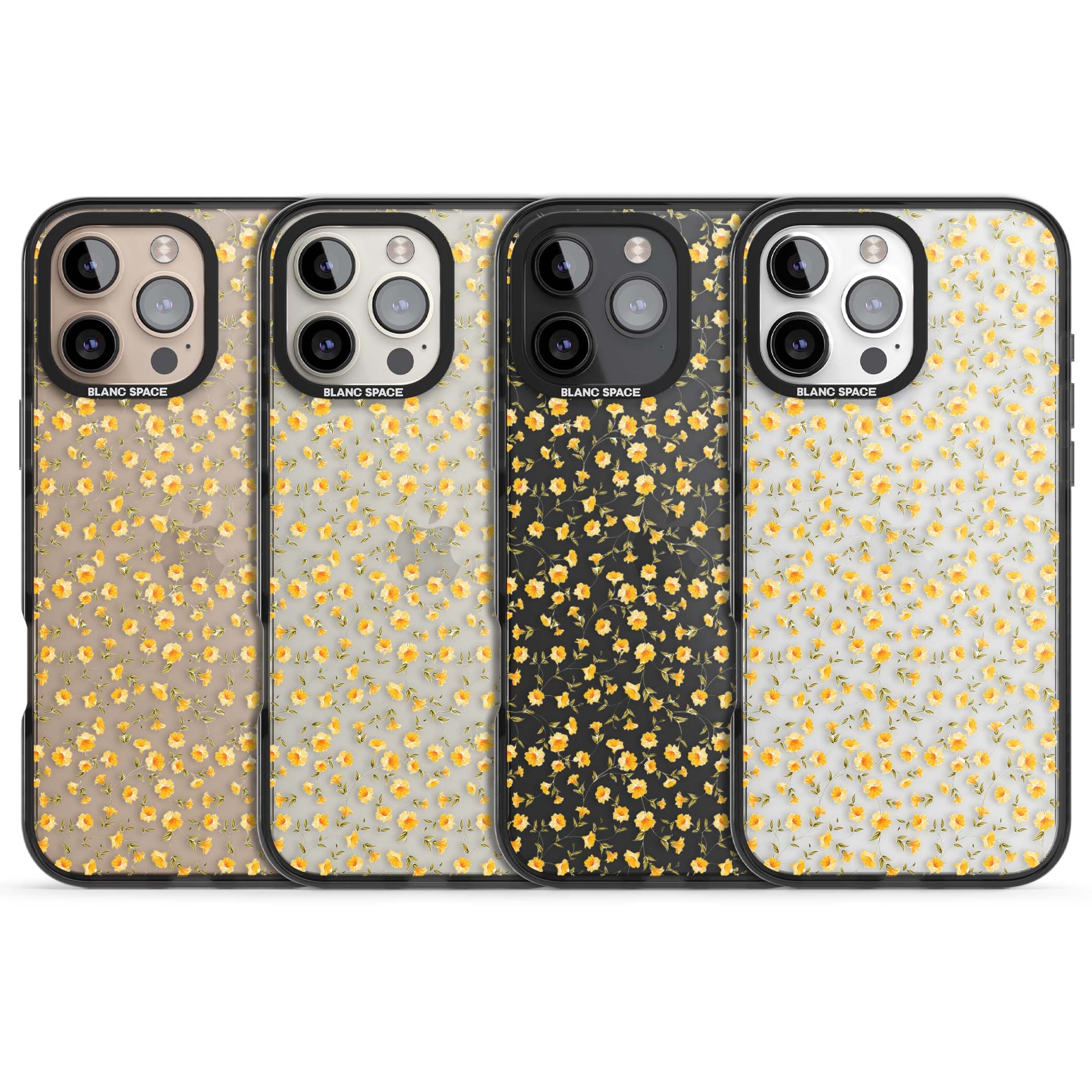 Buttercup wildflower iPhone case featuring tiny yellow flowers and trailing green vines on clear | Black Impact case for iPhone 16 Pro, iPhone 16 Pro Max