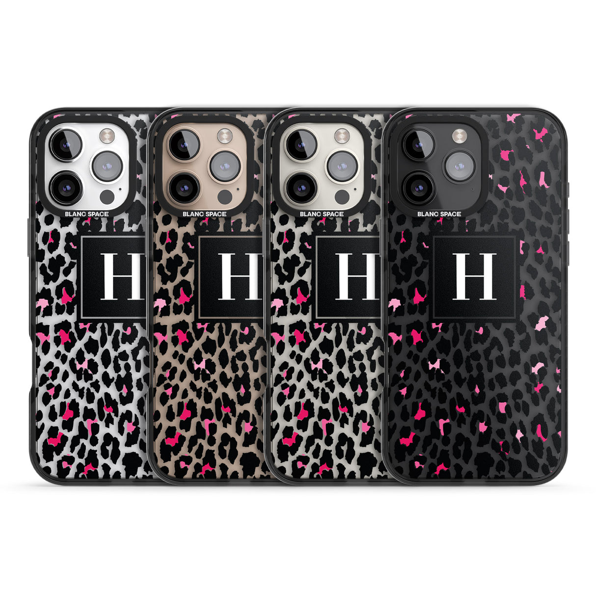 iPhone 16 Pro Max Personalised Pink Monogram Leopard Spots Black Impact Phone Case