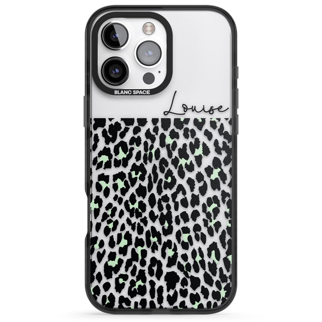 iPhone 16 Pro Max Personalised Seafoam Green & Cursive Leopard Spots Black Impact Phone Case