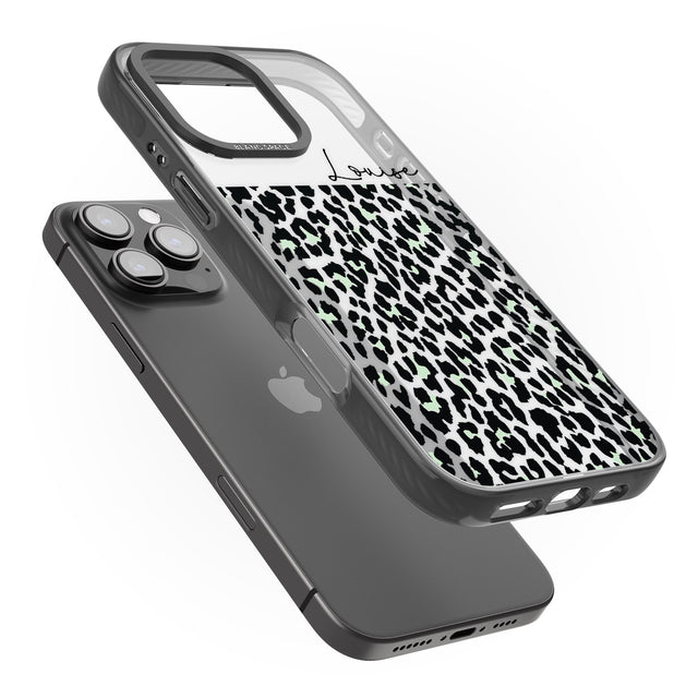 iPhone 16 Pro Max Personalised Seafoam Green & Cursive Leopard Spots Black Impact Phone Case