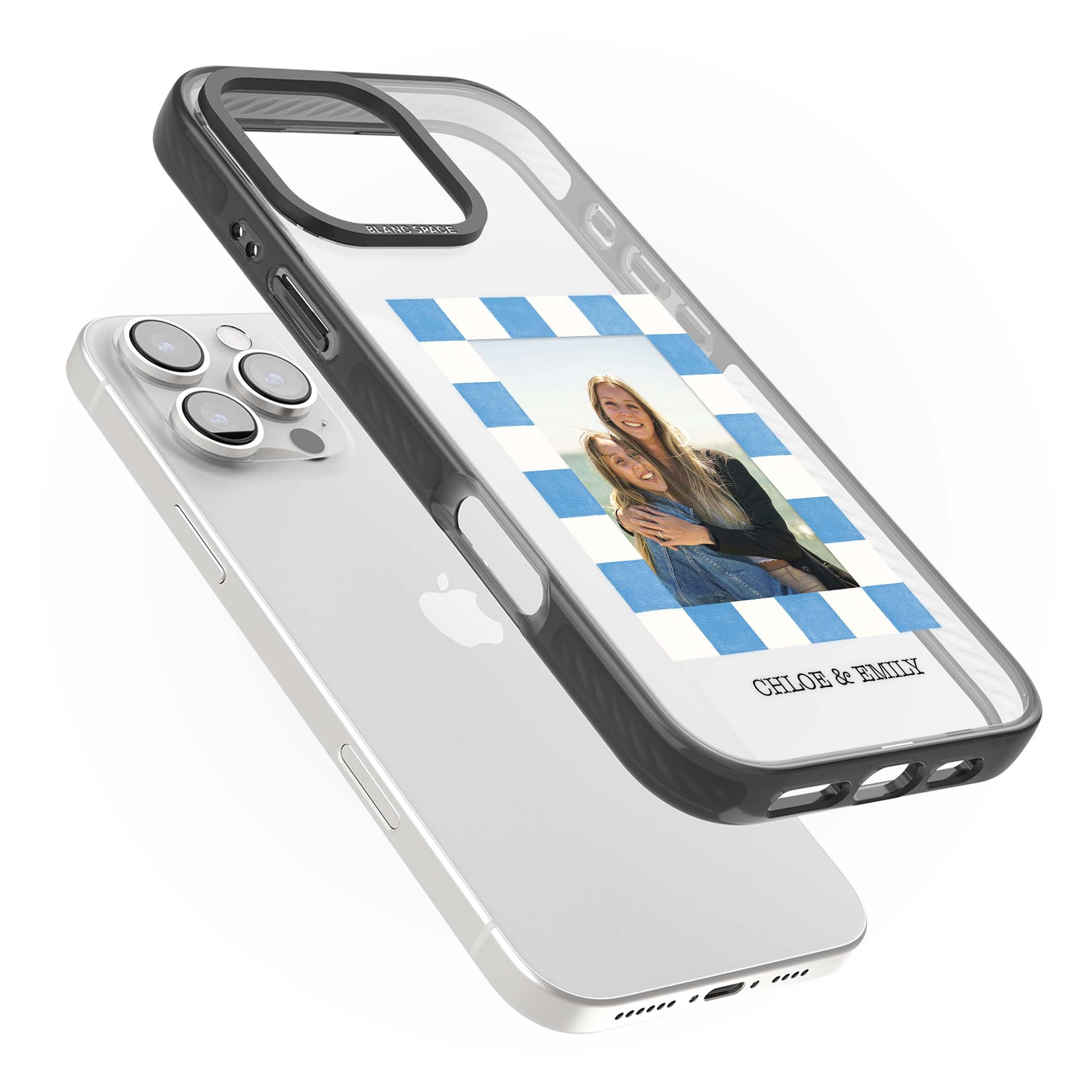 Blue Check Photo personalised photo iPhone case with blue checkered frame and custom couple names | Black Impact case for iPhone 16 Pro, iPhone 16 Pro Max