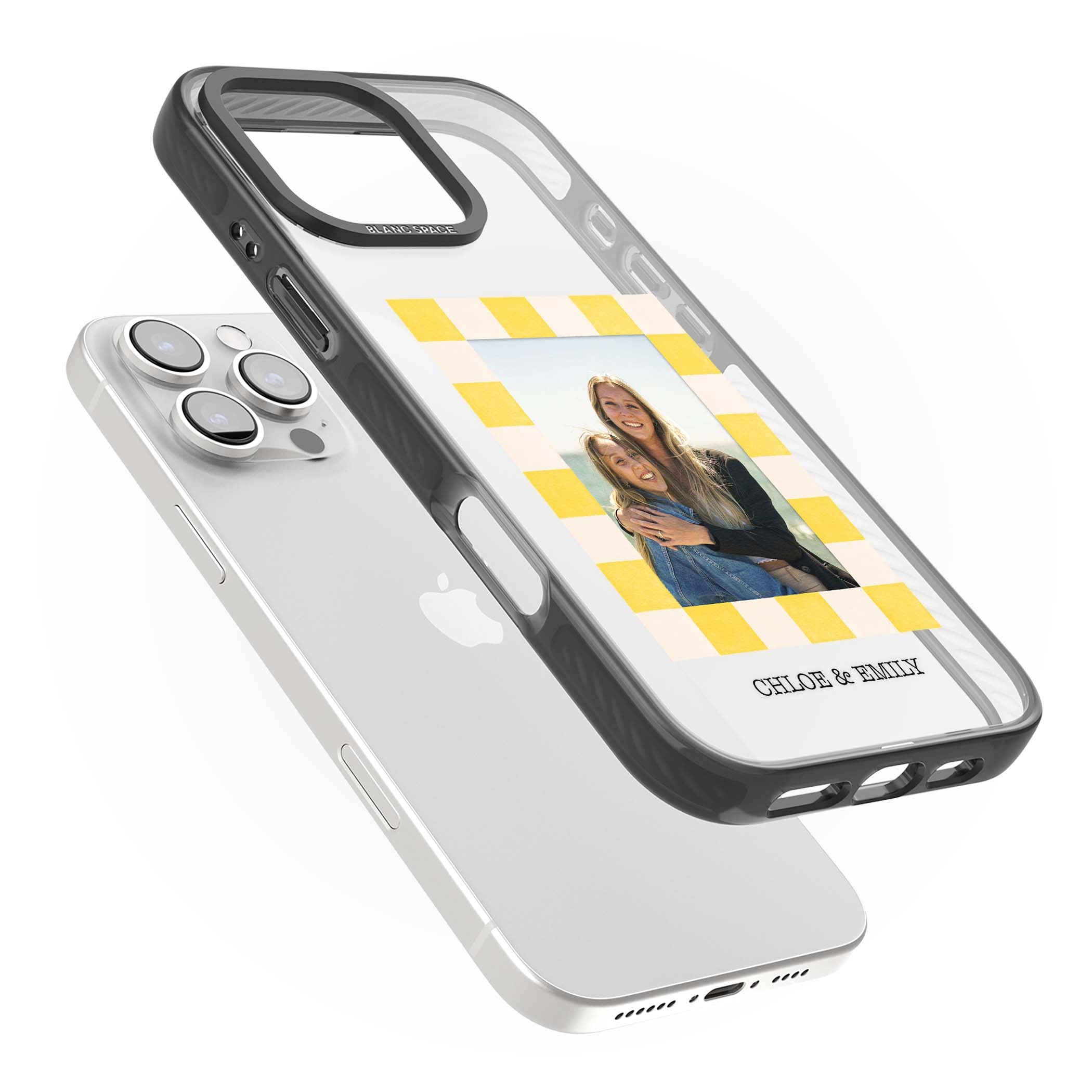 Yellow Check Photo personalised iPhone case with yellow checkered Polaroid frame and custom names beneath | Black Impact case for iPhone 16 Pro, iPhone 16 Pro Max