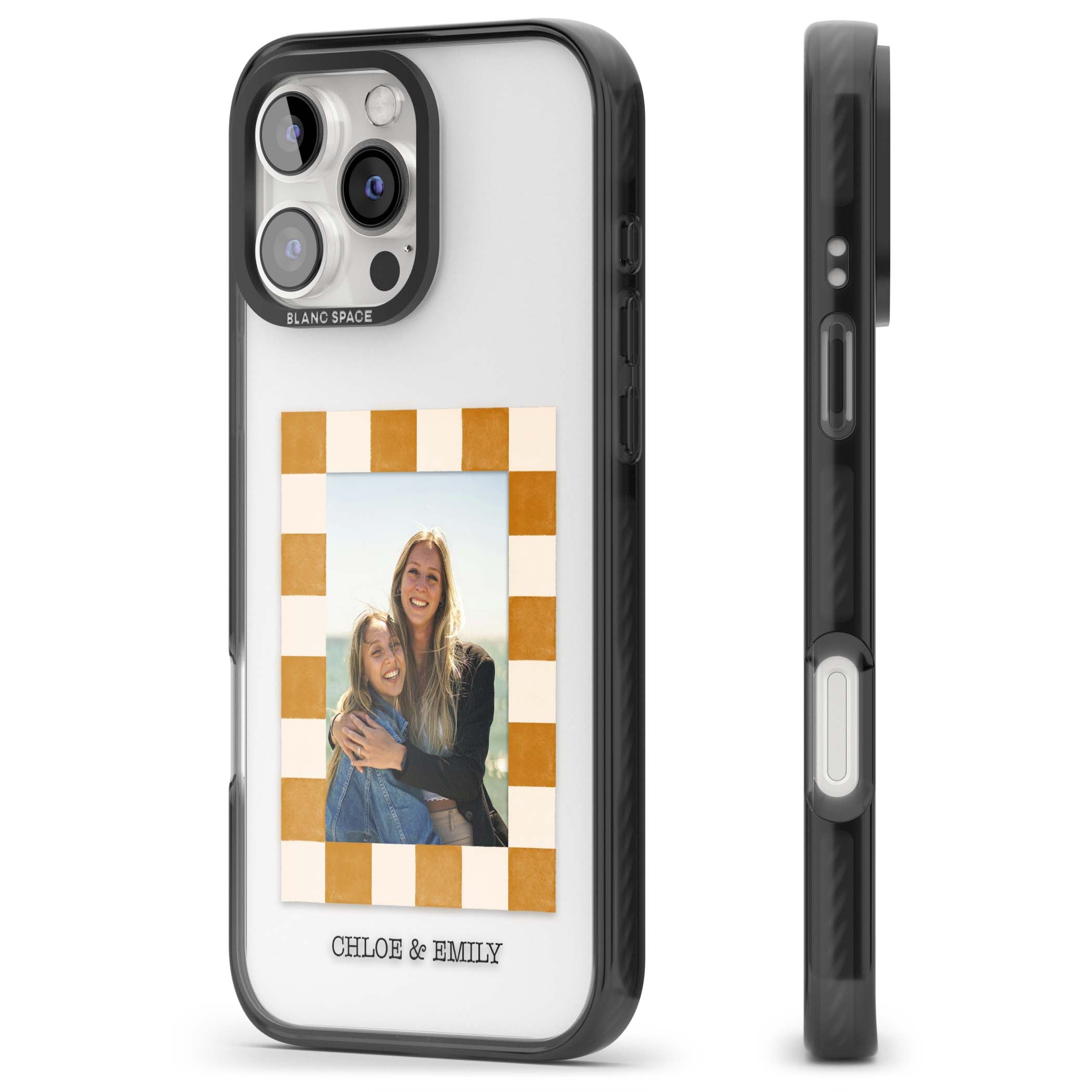 Citrus Check Photo personalised iPhone case with custom photo, orange checkered frame and names underneath | Black Impact case for iPhone 16 Pro, iPhone 16 Pro Max