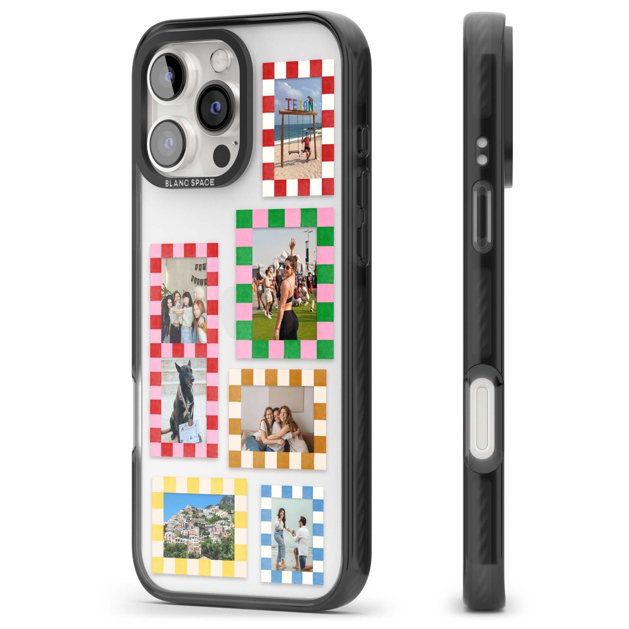 Italian Check Frames custom photo collage iPhone case featuring six checkered photo frames in red, green, pink and  | Black Impact case for iPhone 16 Pro, iPhone 16 Pro Max