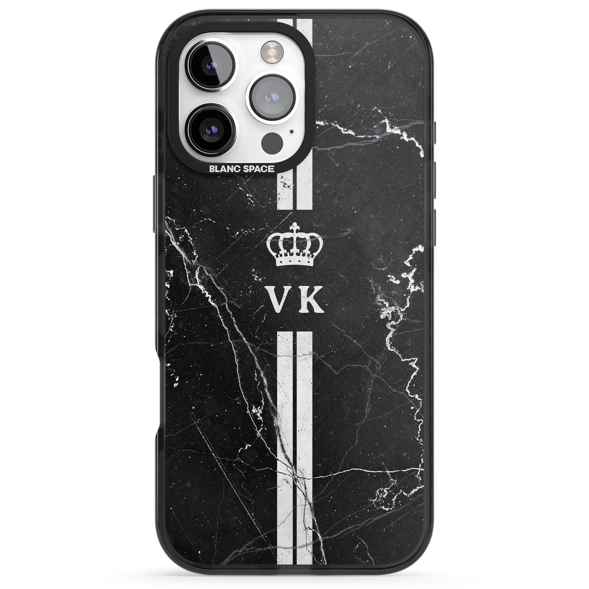 Personalised Stripes + Initials with Crown on Black Marble