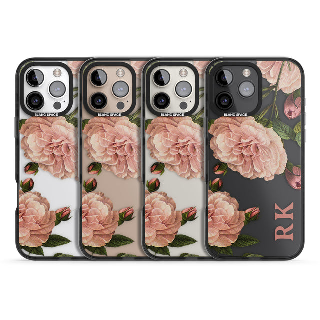 iPhone 16 Pro Max Personalised Clear Vintage Floral Pale Pink Peonies Black Impact Phone Case