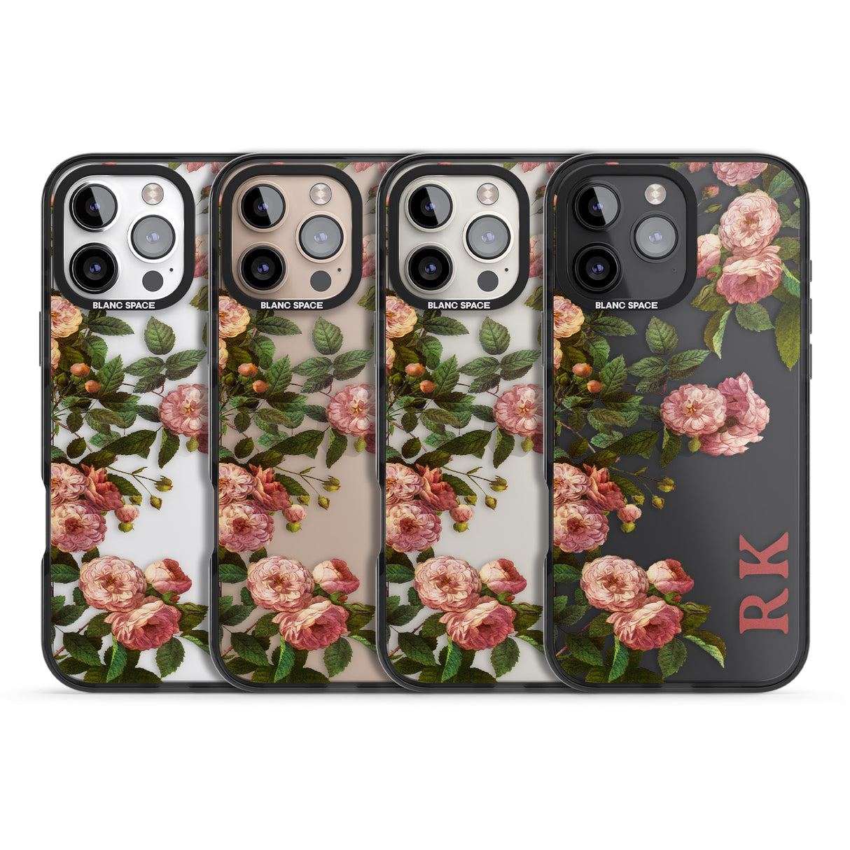 iPhone 16 Pro Max Personalised Clear Vintage Floral Pink Garden Roses Black Impact Phone Case