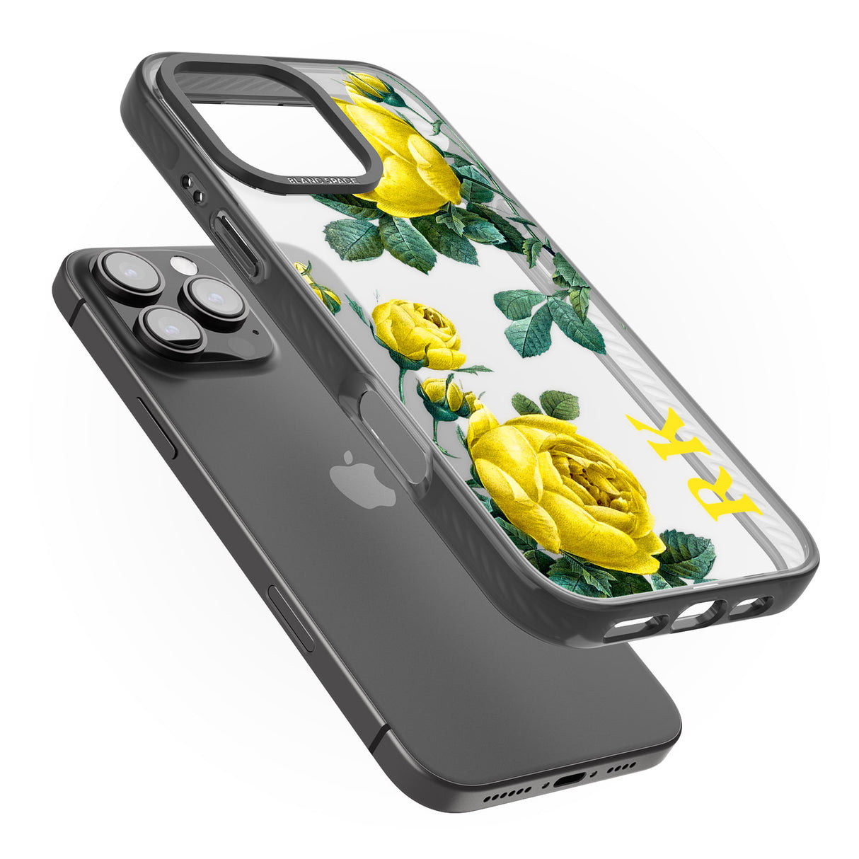 iPhone 16 Pro Max Personalised Clear Vintage Floral Yellow Roses Black Impact Phone Case