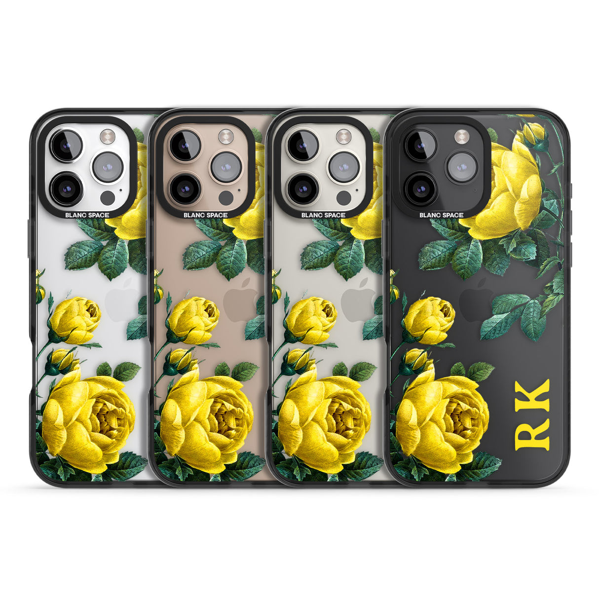 iPhone 16 Pro Max Personalised Clear Vintage Floral Yellow Roses Black Impact Phone Case