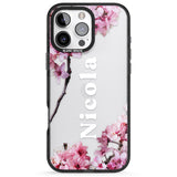 iPhone 16 Pro Max Personalised Cherry Blossoms with Text Black Impact Phone Case