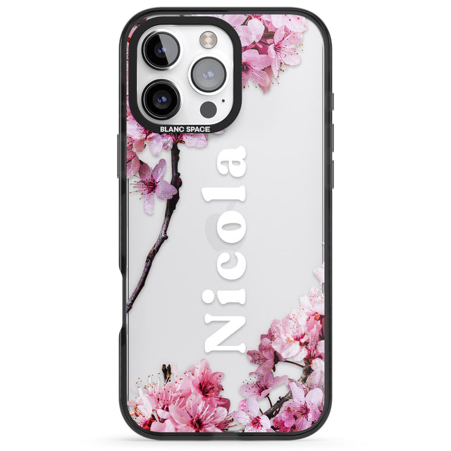 iPhone 16 Pro Max Personalised Cherry Blossoms with Text Black Impact Phone Case