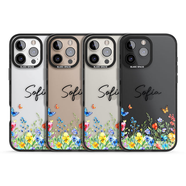 Personalised Buterflies & Wildflowers Black Impact Phone Case for iPhone 16 Pro, iPhone 16 Pro Max