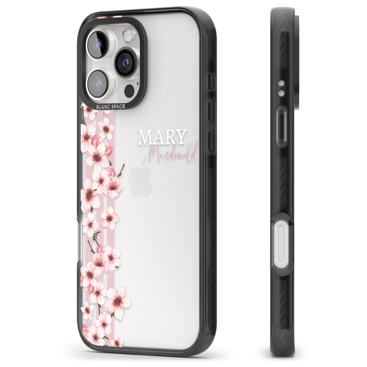 iPhone 16 Pro Max Personalised Cherry Blossoms & Stripes Black Impact Phone Case