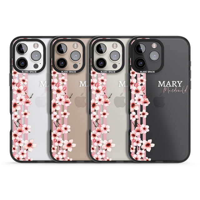 iPhone 16 Pro Max Personalised Cherry Blossoms & Stripes Black Impact Phone Case