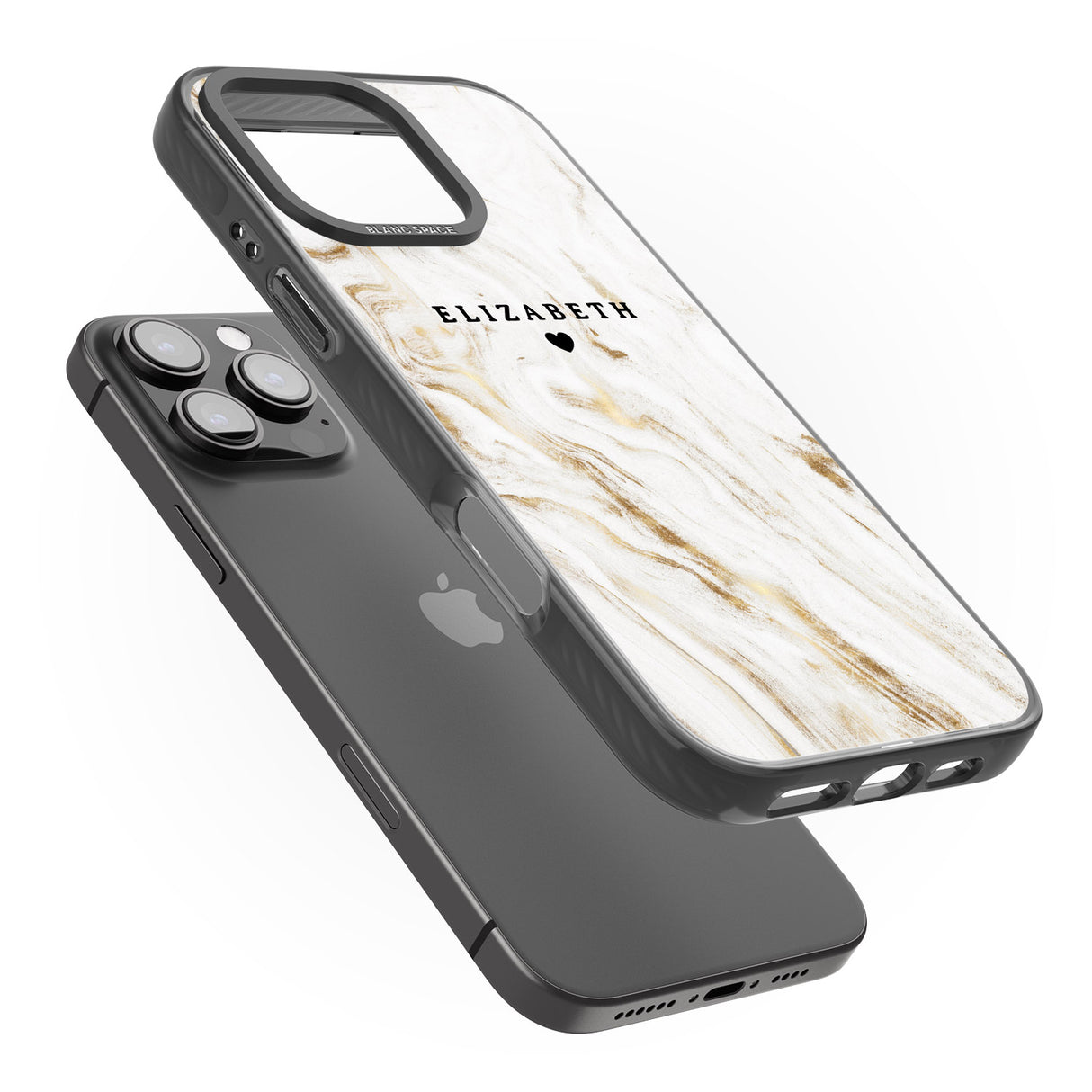 iPhone 16 Pro Max Personalised White & Gold Swirl Marble Black Impact Phone Case