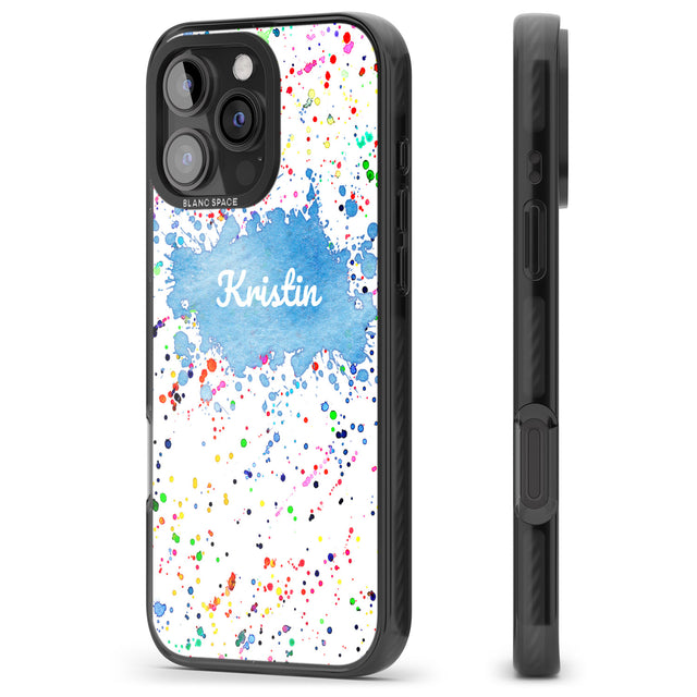 iPhone 16 Pro Max Personalised Rainbow Paint Splatter Black Impact Phone Case