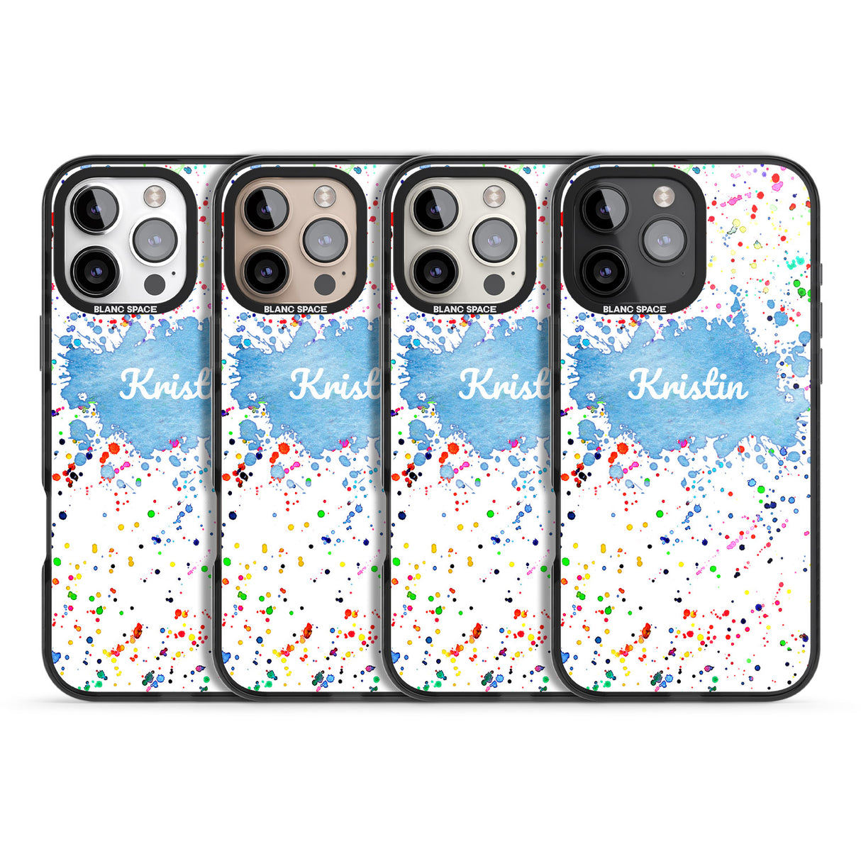 iPhone 16 Pro Max Personalised Rainbow Paint Splatter Black Impact Phone Case