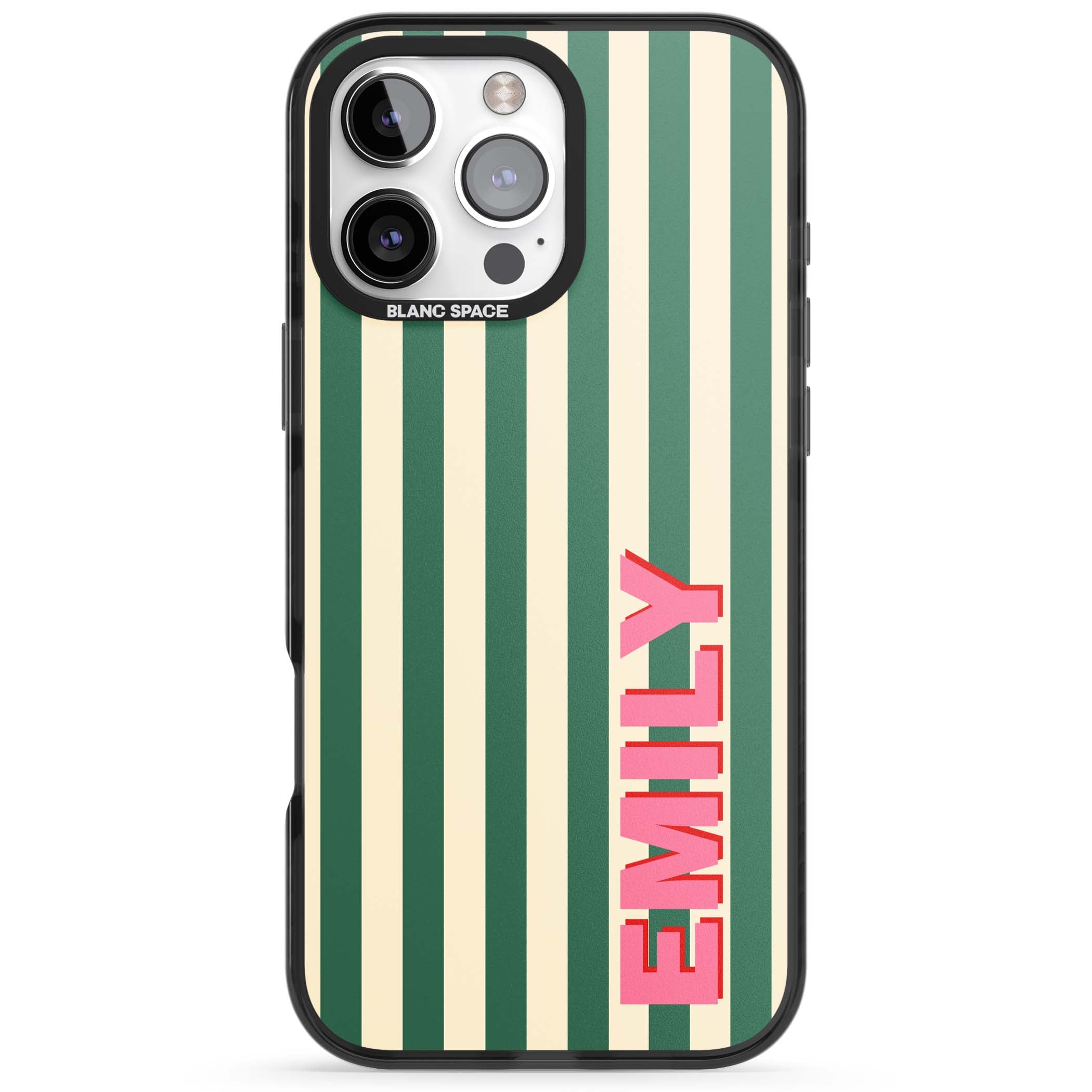 Wimbledon Stripe preppy iPhone case featuring green and cream vertical stripes with a personalised pink name | Black Impact case for iPhone 16 Pro, iPhone 16 Pro Max