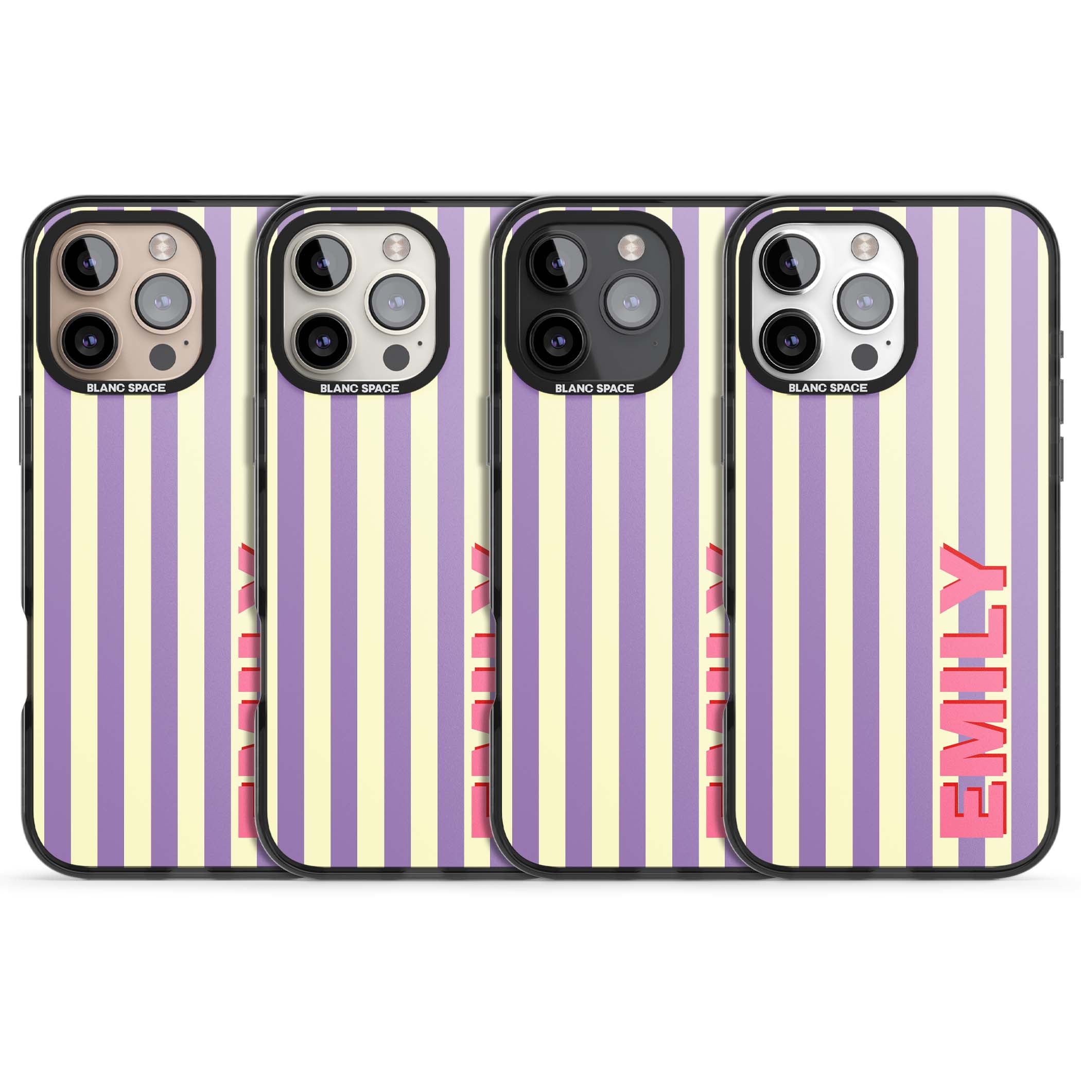 Valensole Stripe personalised iPhone case with purple and cream vertical stripes and pink custom name | Black Impact case for iPhone 16 Pro, iPhone 16 Pro Max