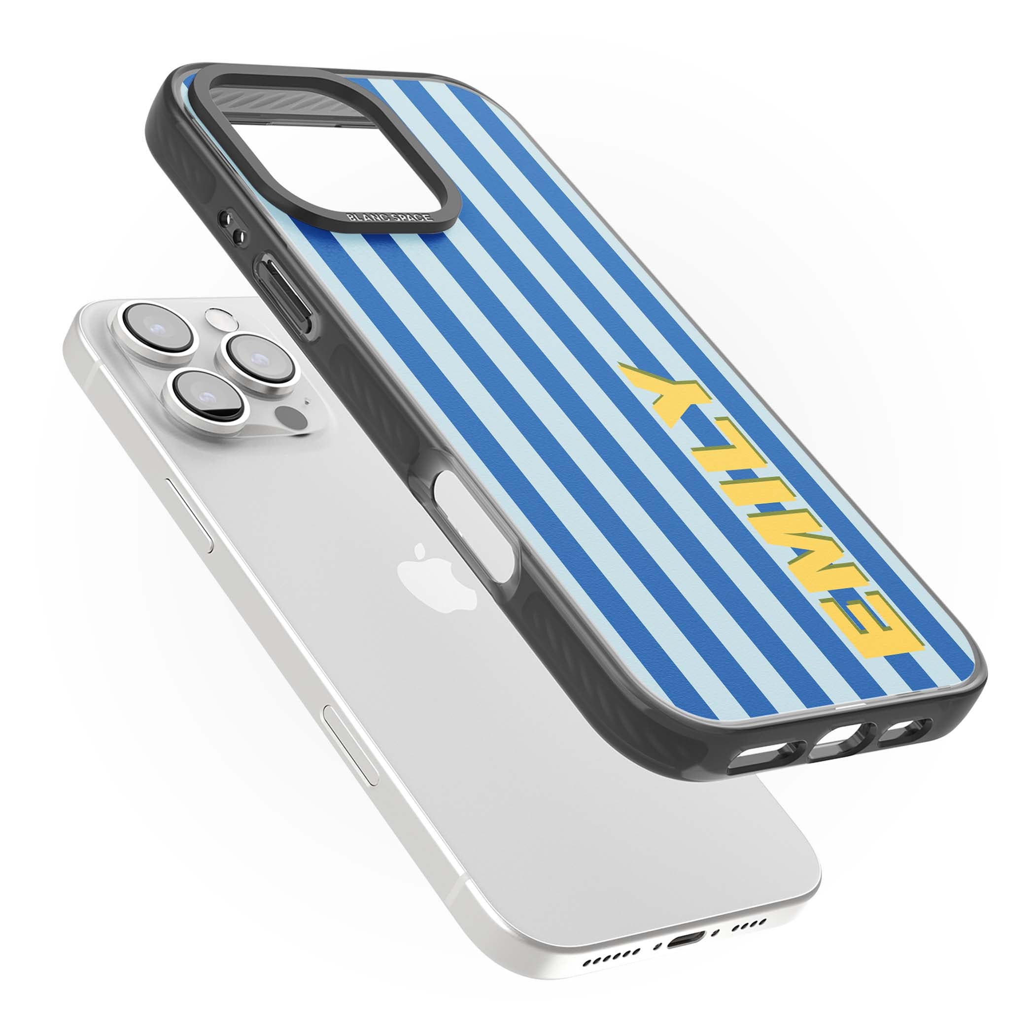 Athenian Stripe personalised preppy iPhone case featuring blue vertical stripes and a custom yellow name | Black Impact case for iPhone 16 Pro, iPhone 16 Pro Max