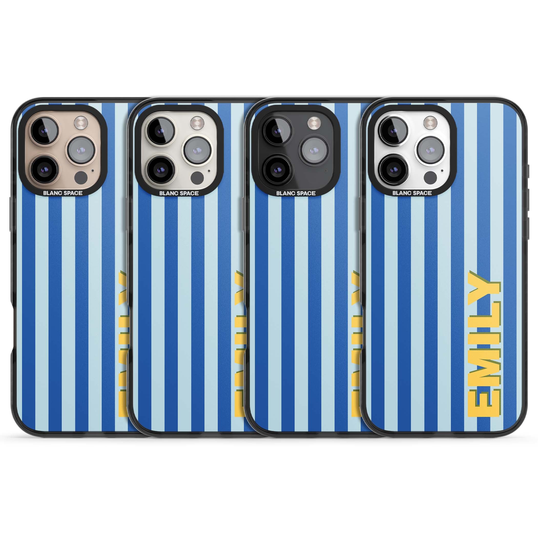 Athenian Stripe personalised preppy iPhone case featuring blue vertical stripes and a custom yellow name | Black Impact case for iPhone 16 Pro, iPhone 16 Pro Max