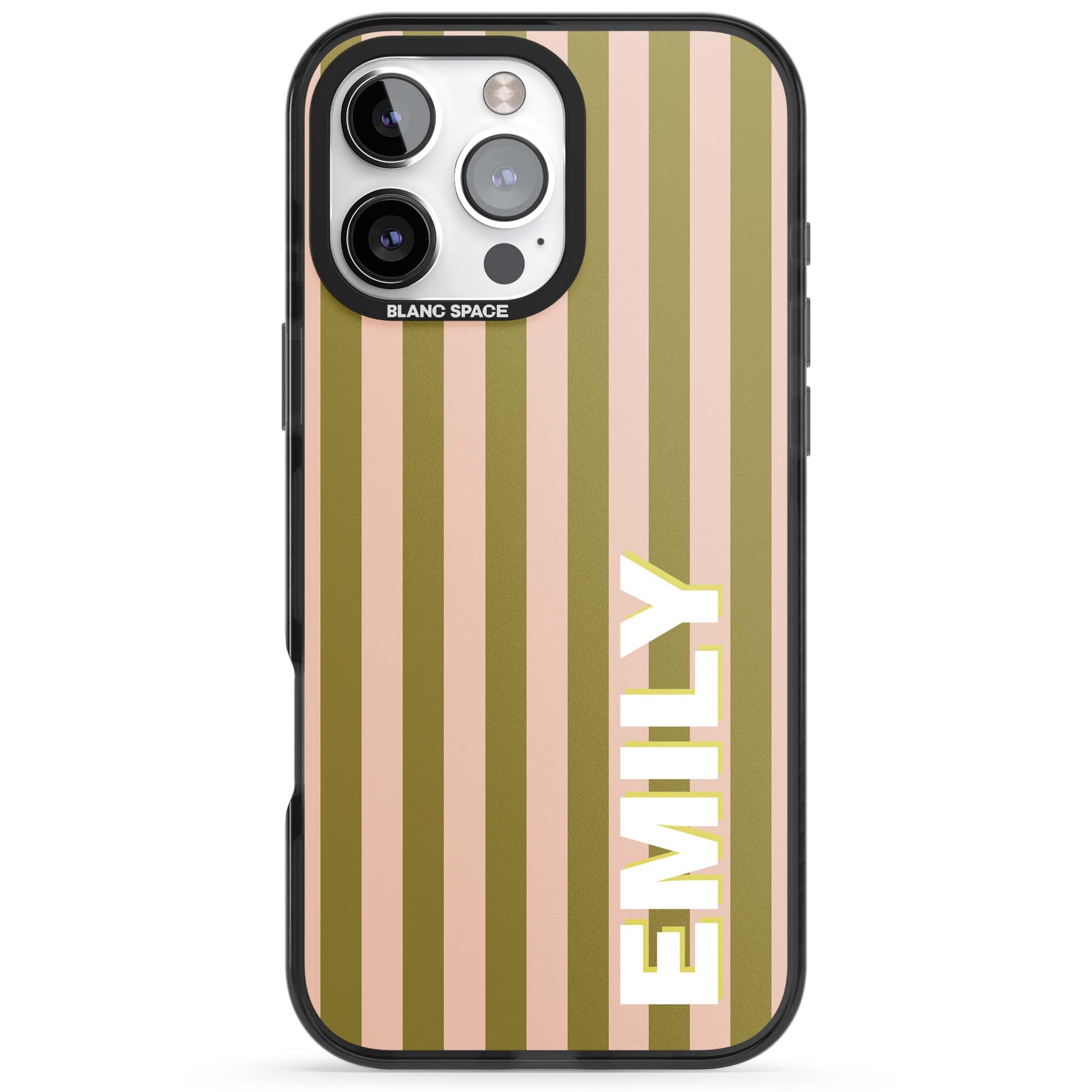 Indian Stripe personalised iPhone case featuring olive green and blush pink vertical stripes with custom name in whit | Black Impact case for iPhone 16 Pro, iPhone 16 Pro Max