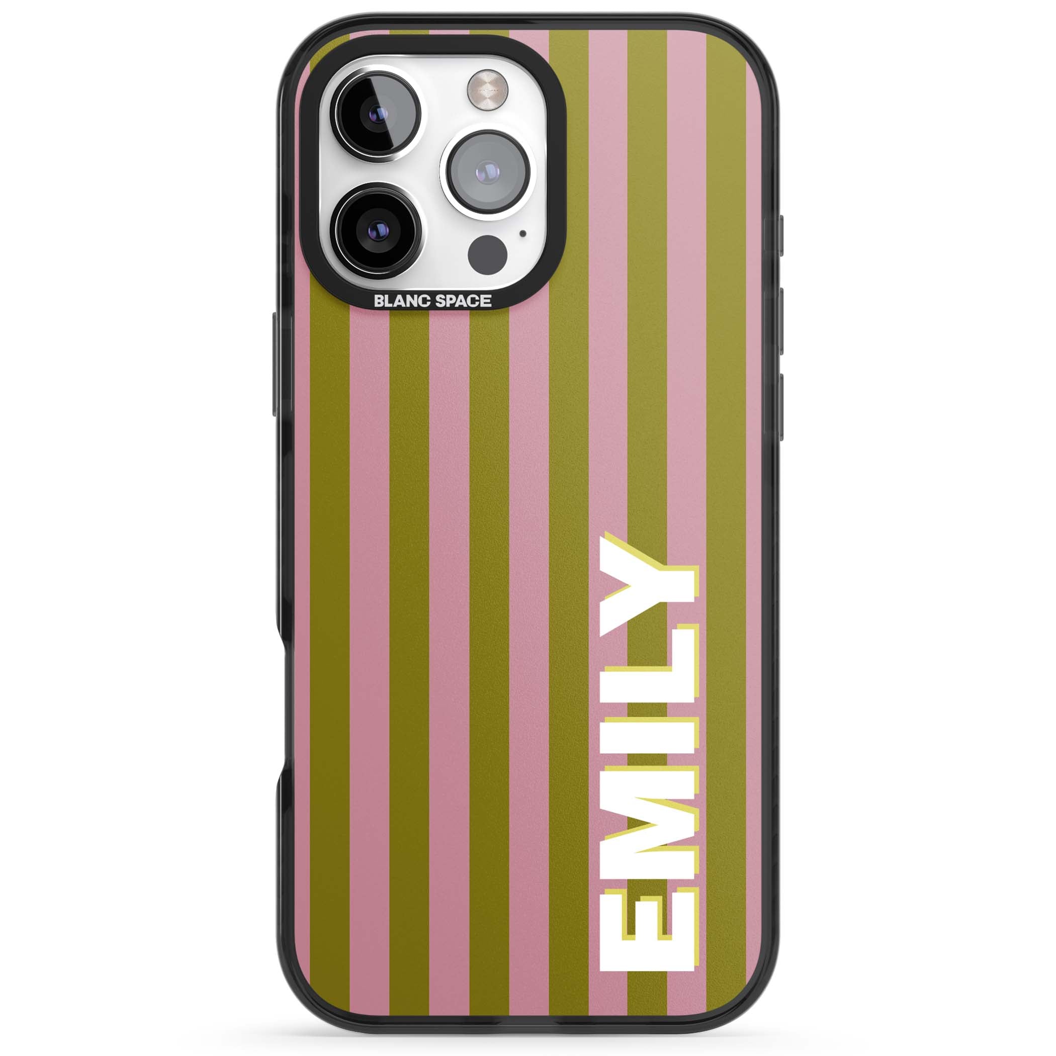 Istanbul Stripe personalised iPhone case featuring pink and olive green vertical stripes with a custom vertical name | Black Impact case for iPhone 16 Pro, iPhone 16 Pro Max