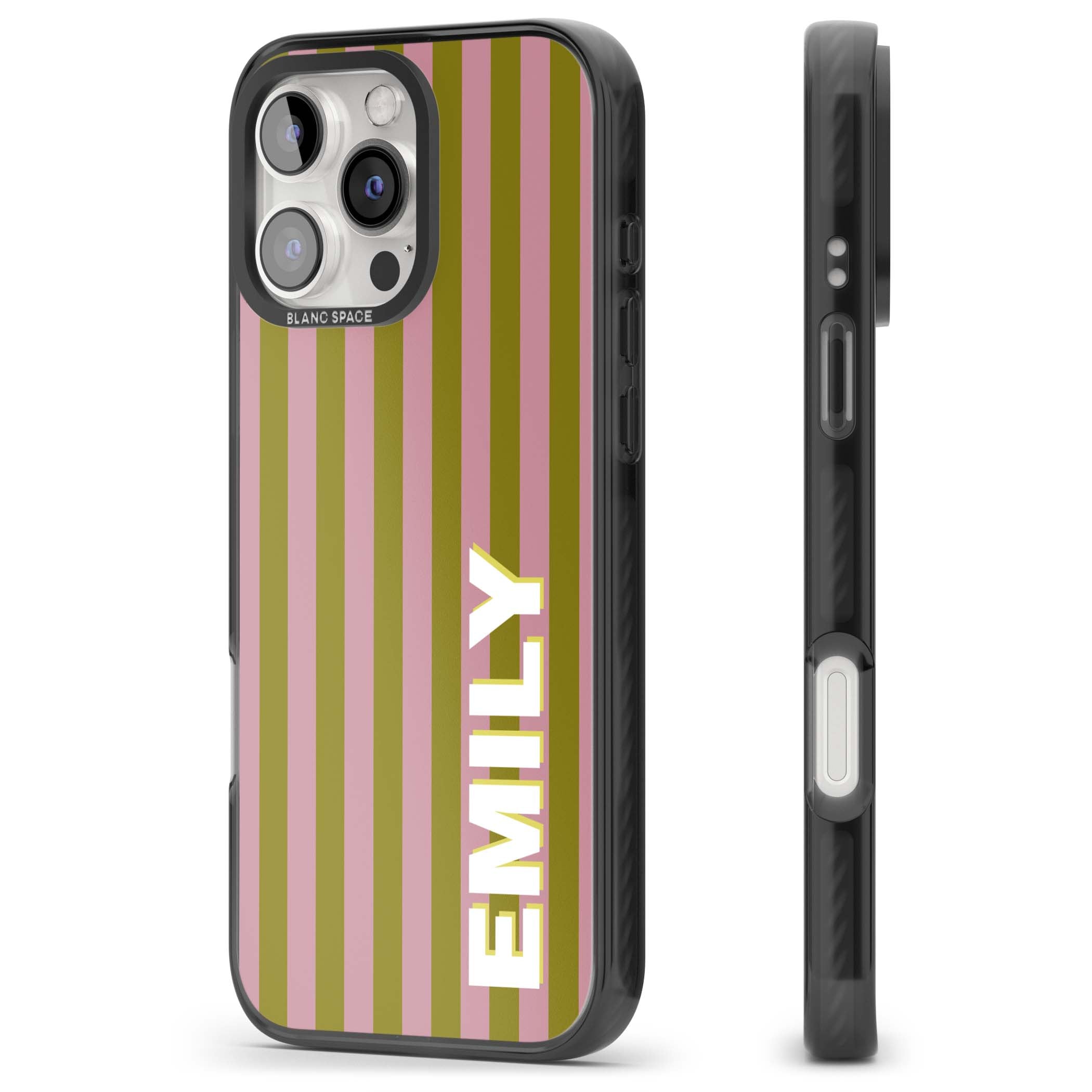 Istanbul Stripe personalised iPhone case featuring pink and olive green vertical stripes with a custom vertical name | Black Impact case for iPhone 16 Pro, iPhone 16 Pro Max