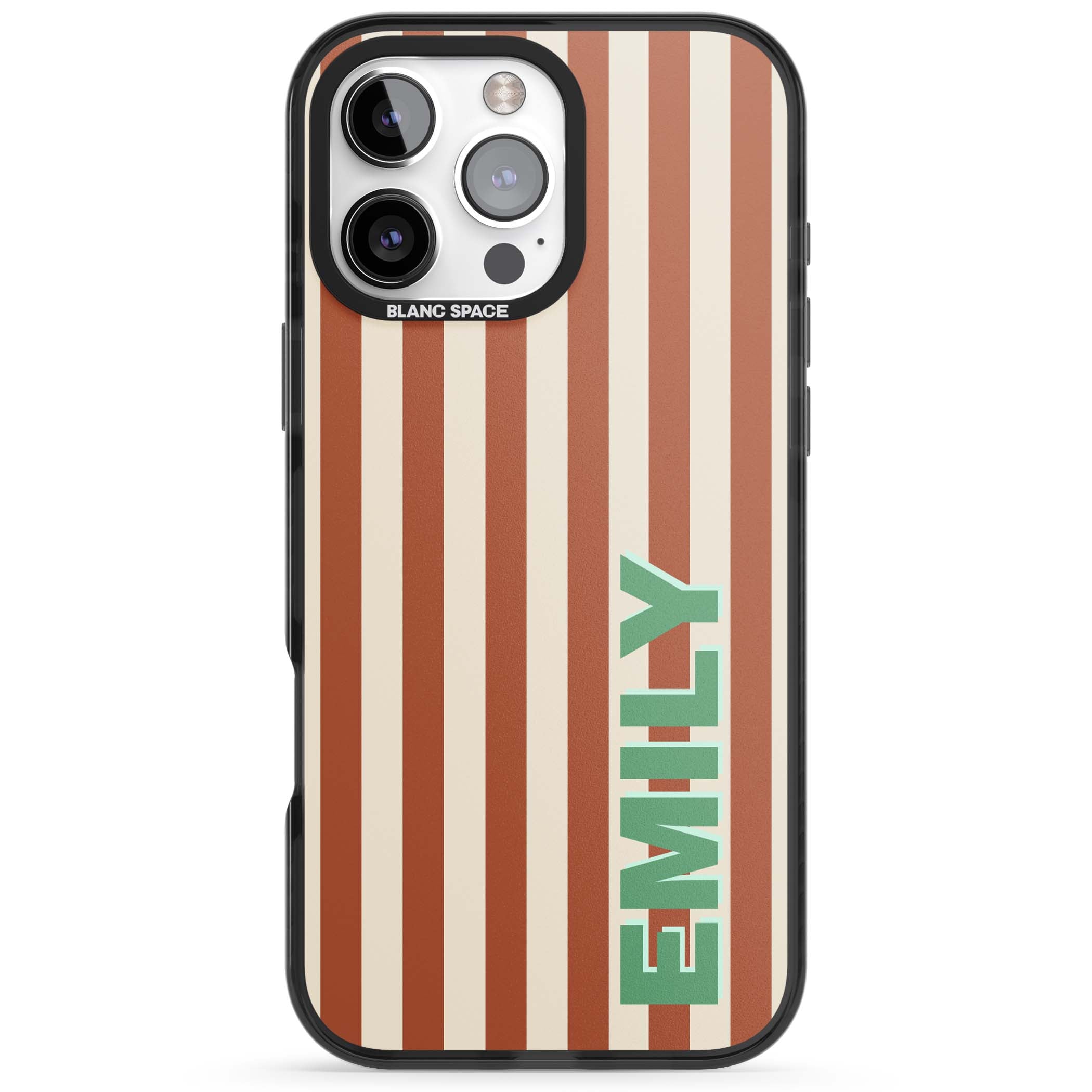 Dune Stripe personalised iPhone case with rust and cream vertical stripes and custom name in mint green | Black Impact case for iPhone 16 Pro, iPhone 16 Pro Max