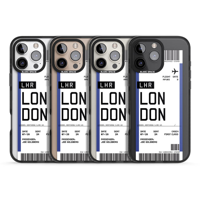 iPhone 16 Pro Max Personalised London Boarding Pass Black Impact Phone Case