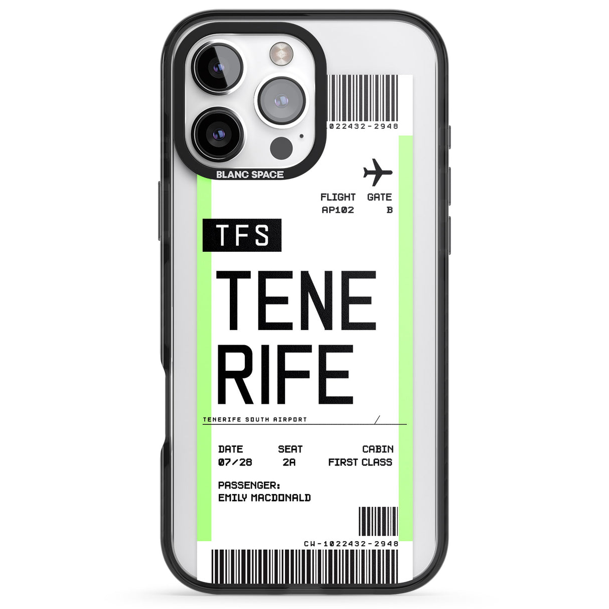 iPhone 16 Pro Max Personalised Tenerife Boarding Pass Black Impact Phone Case