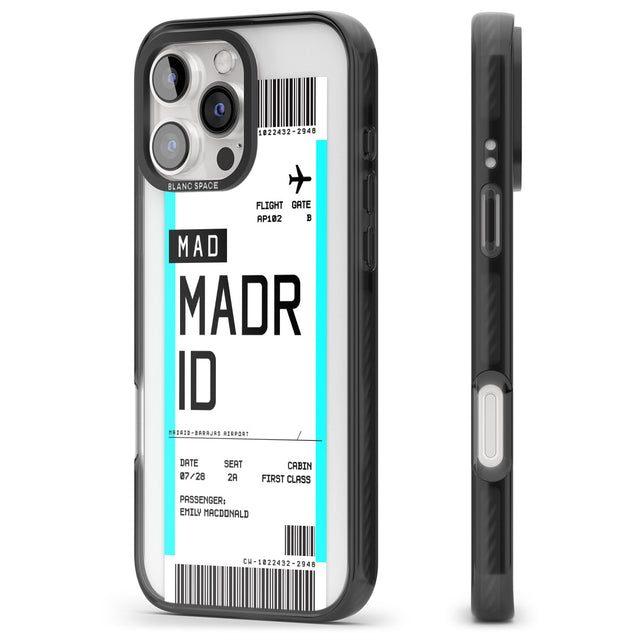 iPhone 16 Pro Max Personalised Madrid Boarding Pass Black Impact Phone Case