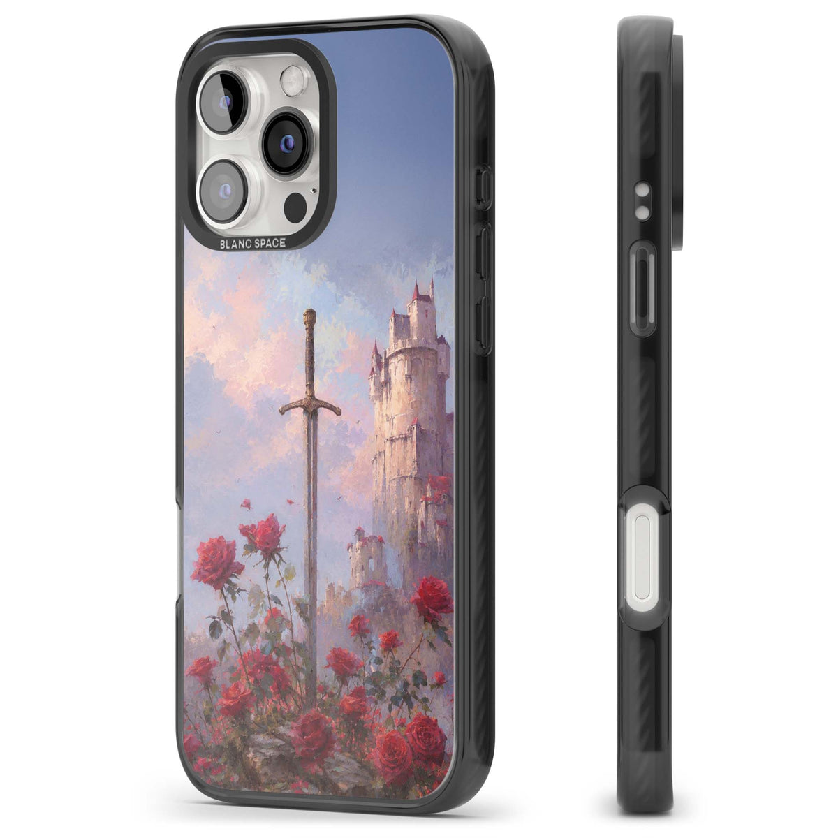 Sword in Roses medieval art iPhone case featuring a sword, red roses, and a misty fairytale castle at sunset | Black Impact case for iPhone 16 Pro, iPhone 16 Pro Max