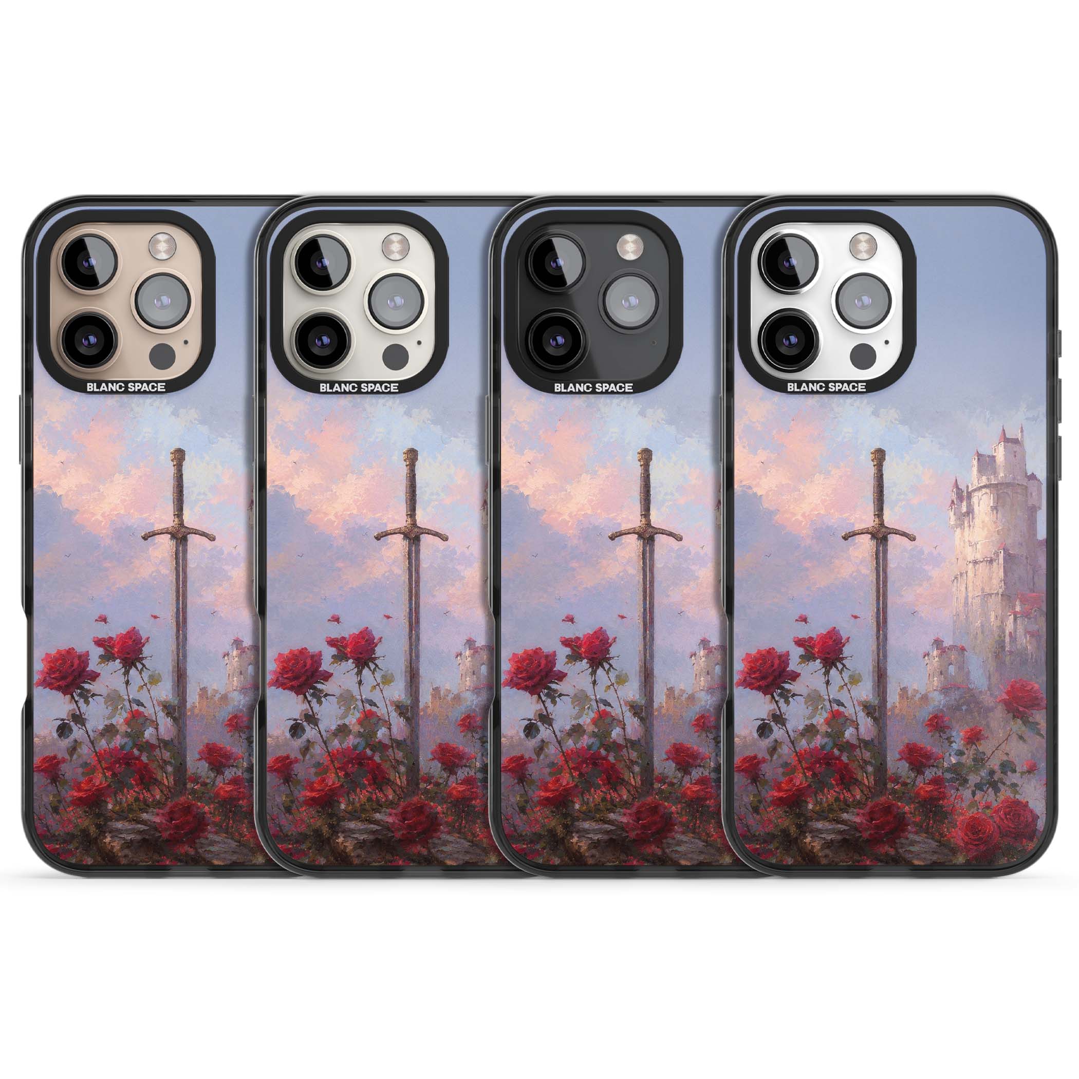 Sword in Roses medieval art iPhone case featuring a sword, red roses, and a misty fairytale castle at sunset | Black Impact case for iPhone 16 Pro, iPhone 16 Pro Max