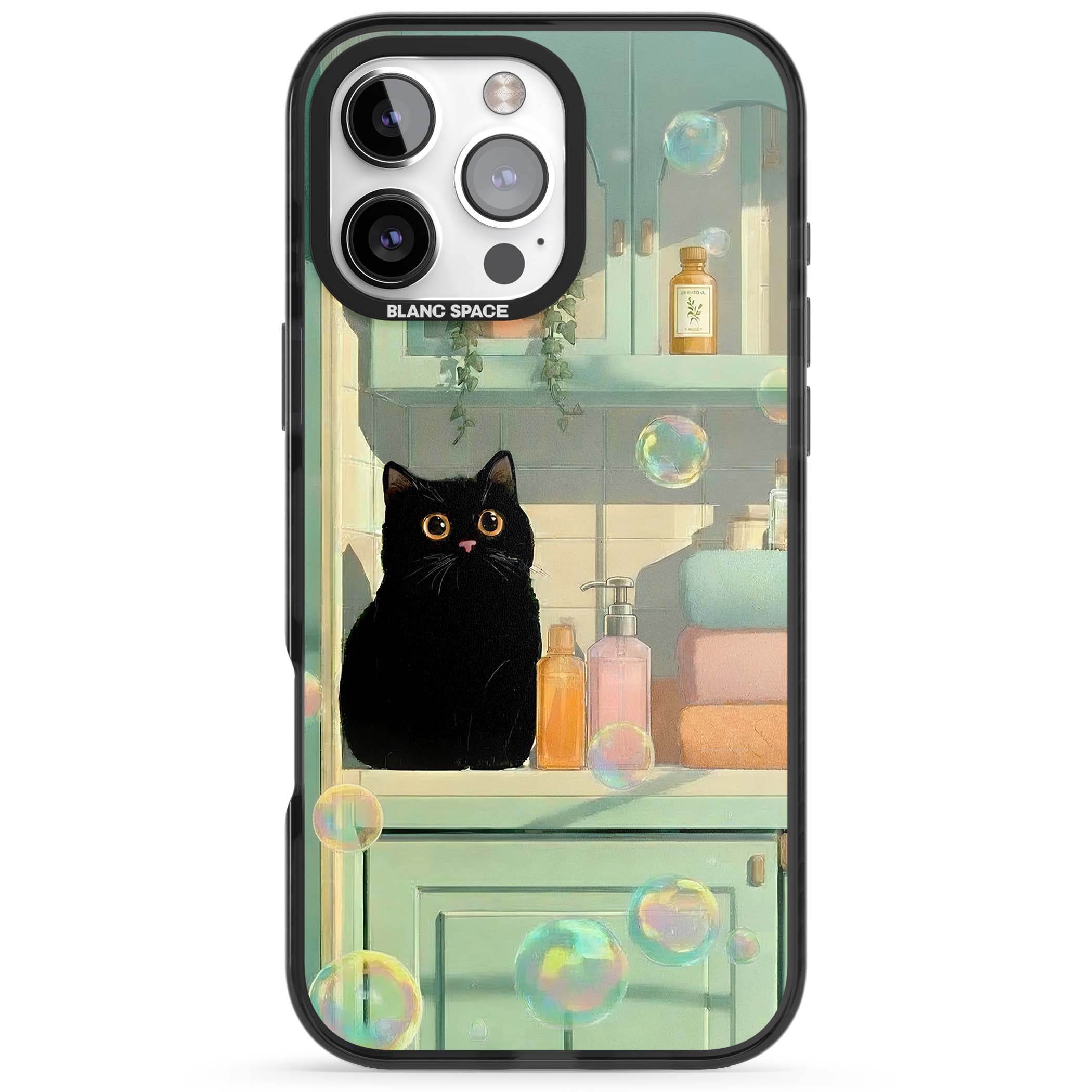 Bathroom Bubble Kitty cottagecore iPhone case featuring a black cat, mint bathroom scene and floating soap bubbles | Black Impact case for iPhone 16 Pro, iPhone 16 Pro Max