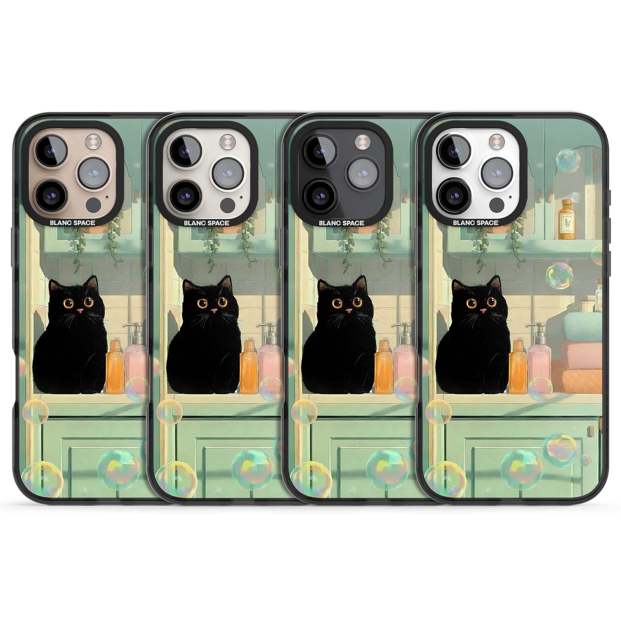 Bathroom Bubble Kitty cottagecore iPhone case featuring a black cat, mint bathroom scene and floating soap bubbles | Black Impact case for iPhone 16 Pro, iPhone 16 Pro Max